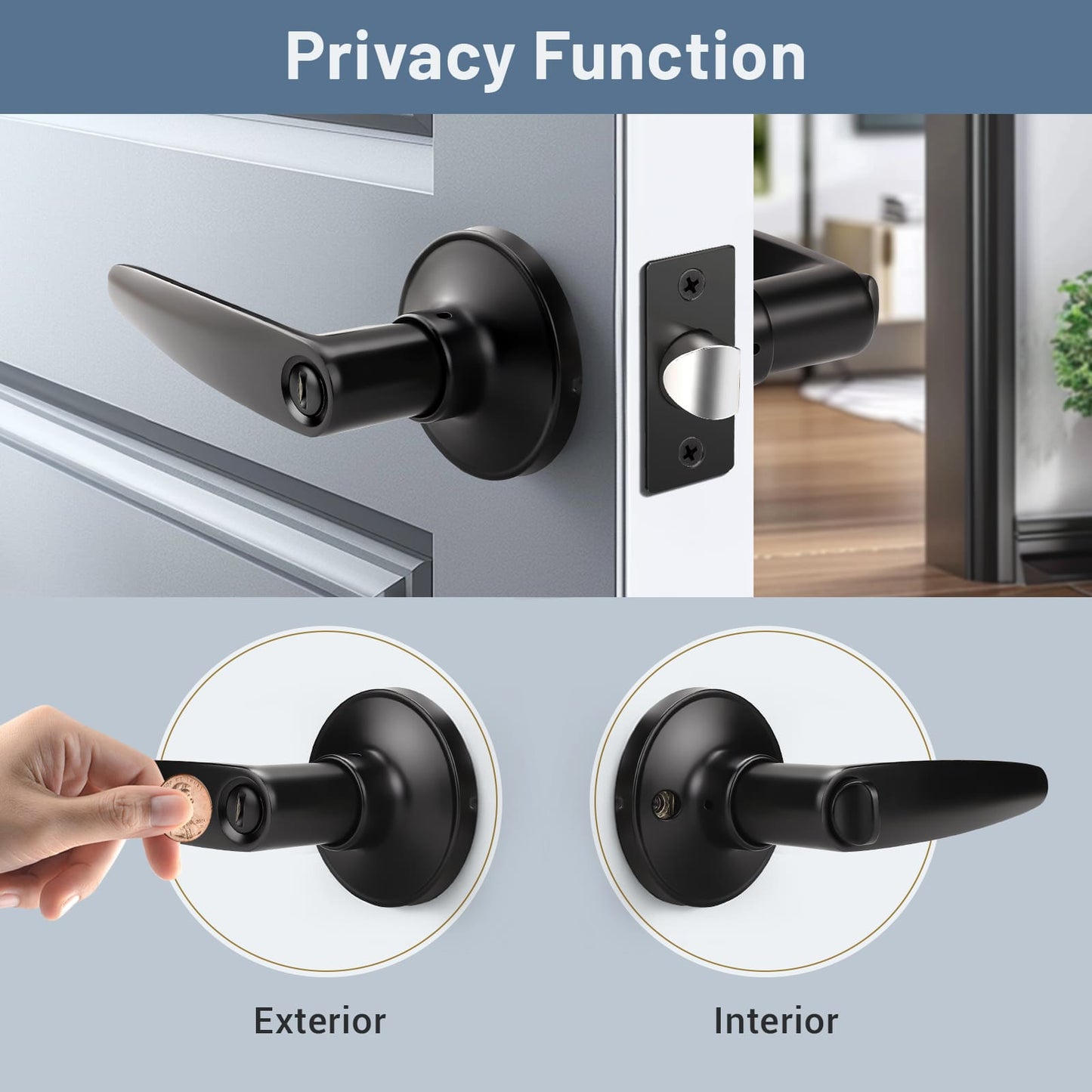 Front and back view of KNOBWELL Minimalist Matte Black Privacy Door Handle with Lock