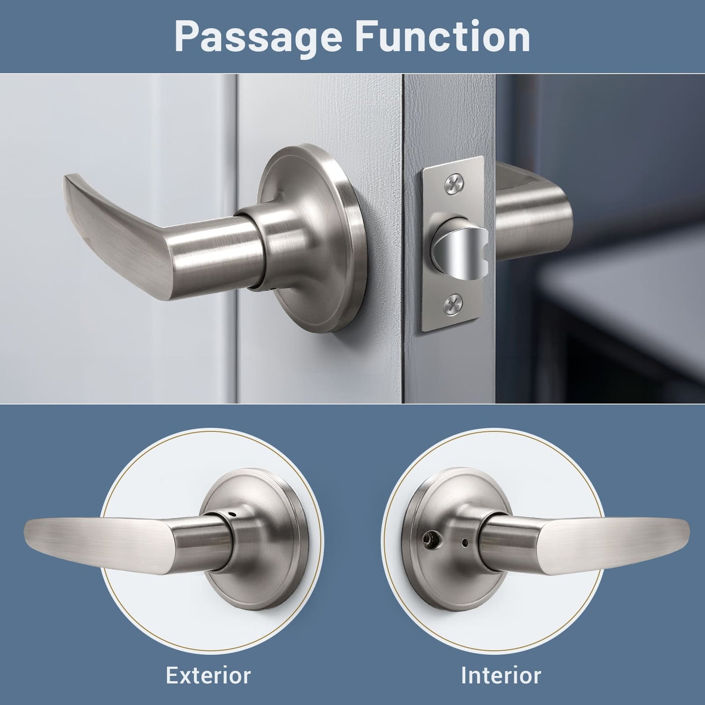 Front and Back View of KNOBWELL Minimalist Brushed Nickel Passage Door Handles