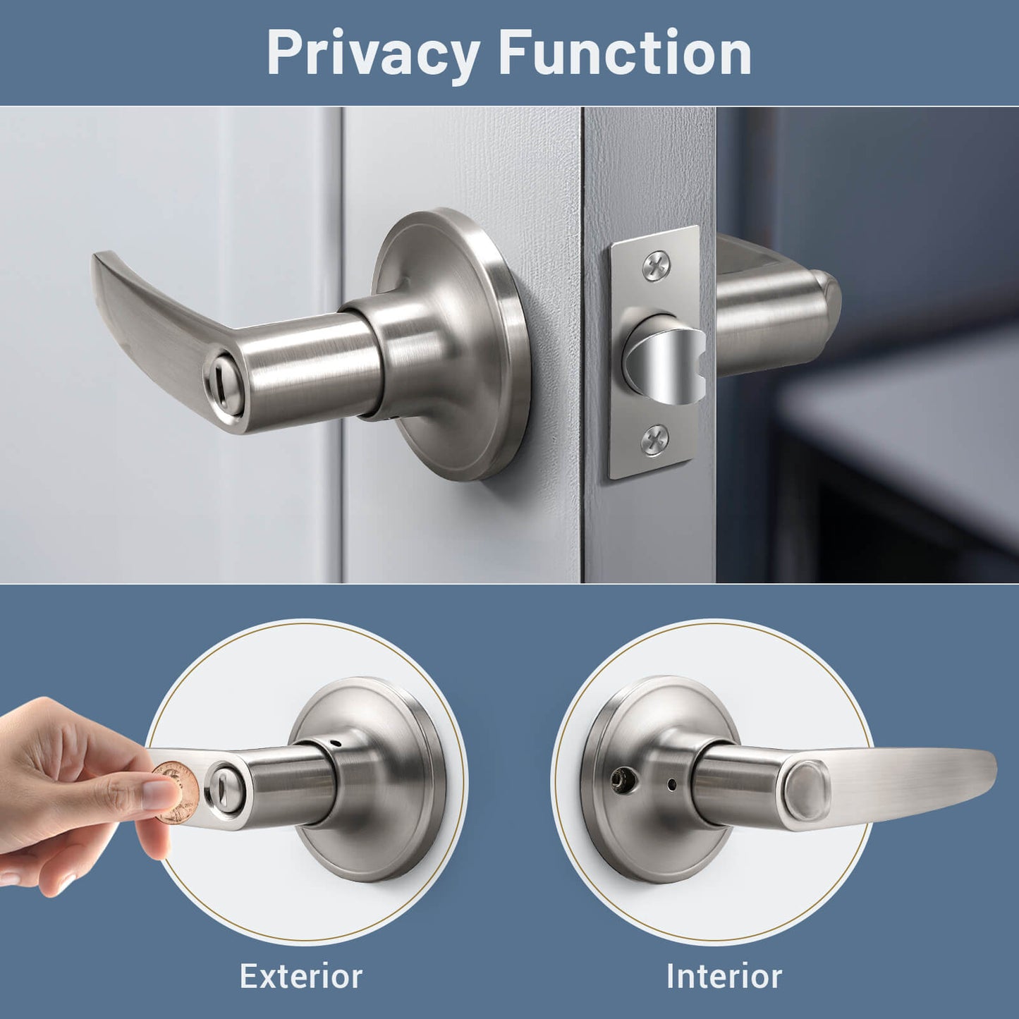 Front and Back View of KNOBWELL Minimalist Brushed Nickel Privacy Door Handles