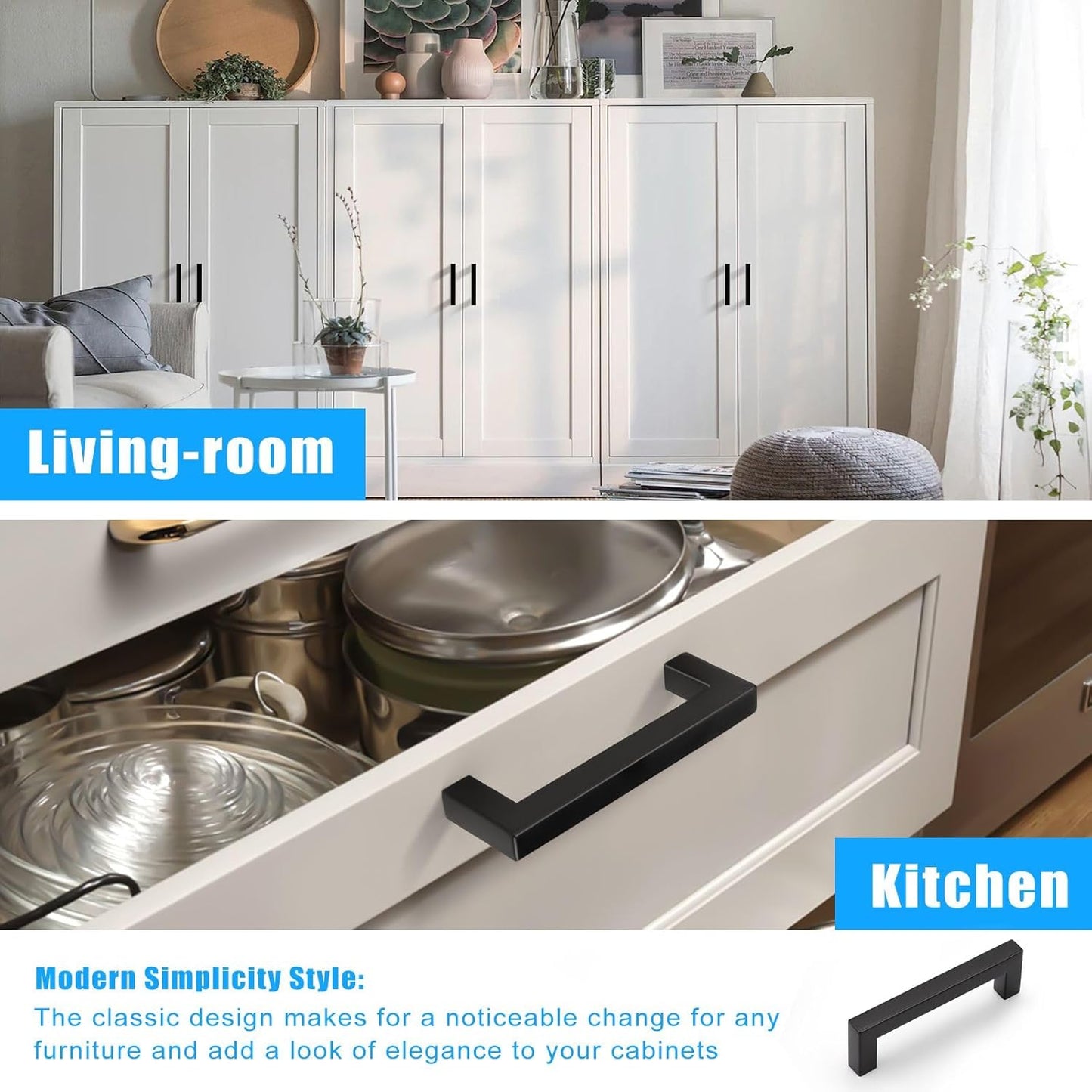 KNOBWELL Matte Black Square Cabinet Pulls Stainless Steel Modern Handles for Kitchen Cupboards/Drawers-PDDJS12HBK