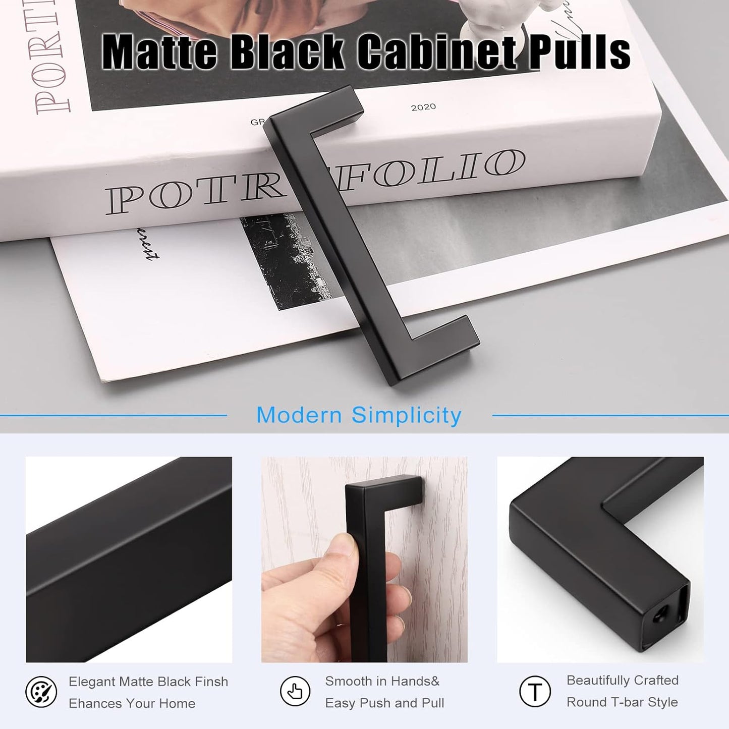 KNOBWELL Matte Black Square Cabinet Pulls Stainless Steel Modern Handles for Kitchen Cupboards/Drawers-PDDJS12HBK