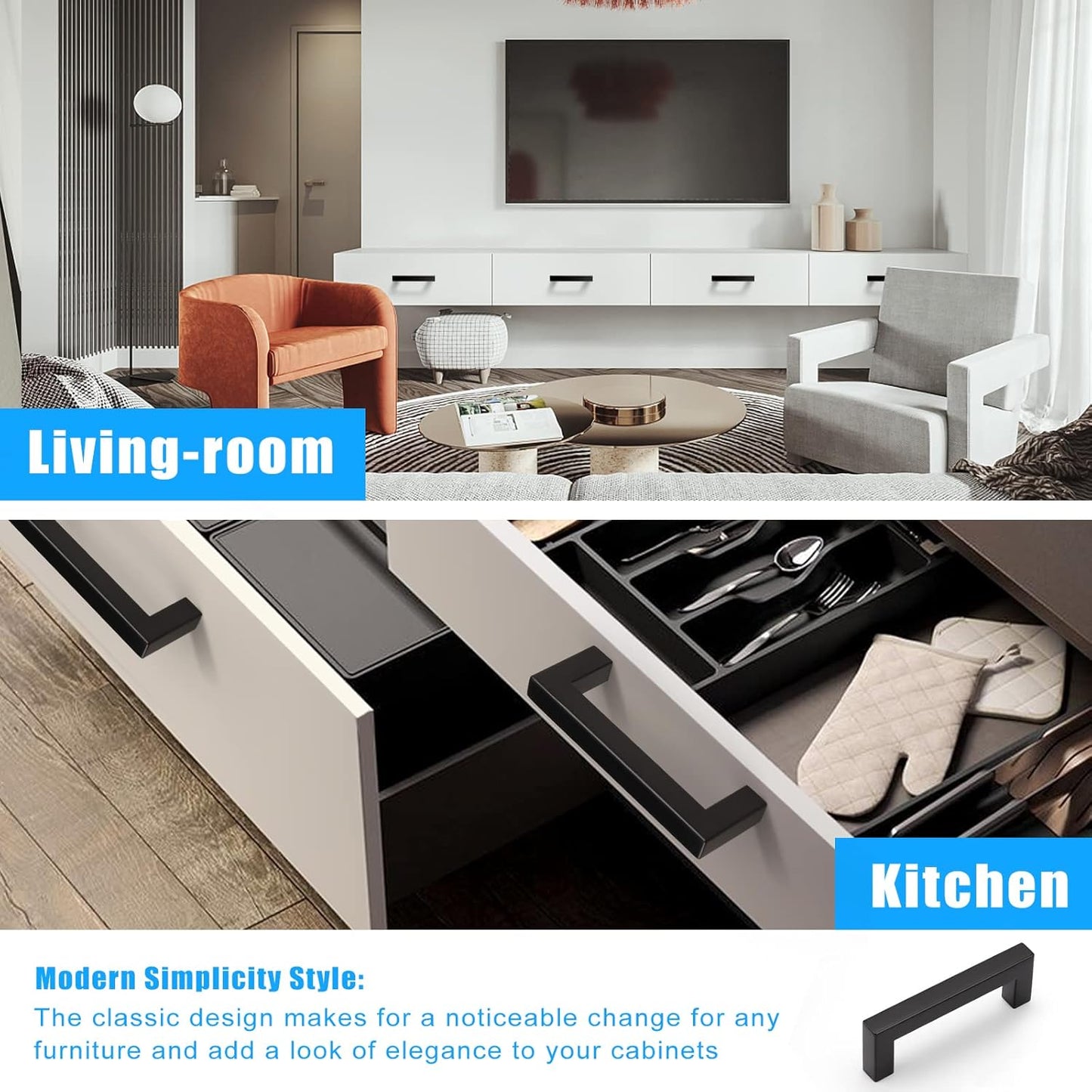 KNOBWELL Matte Black Square Cabinet Pulls Stainless Steel Modern Handles for Kitchen Cupboards/Drawers-PDDJS12HBK