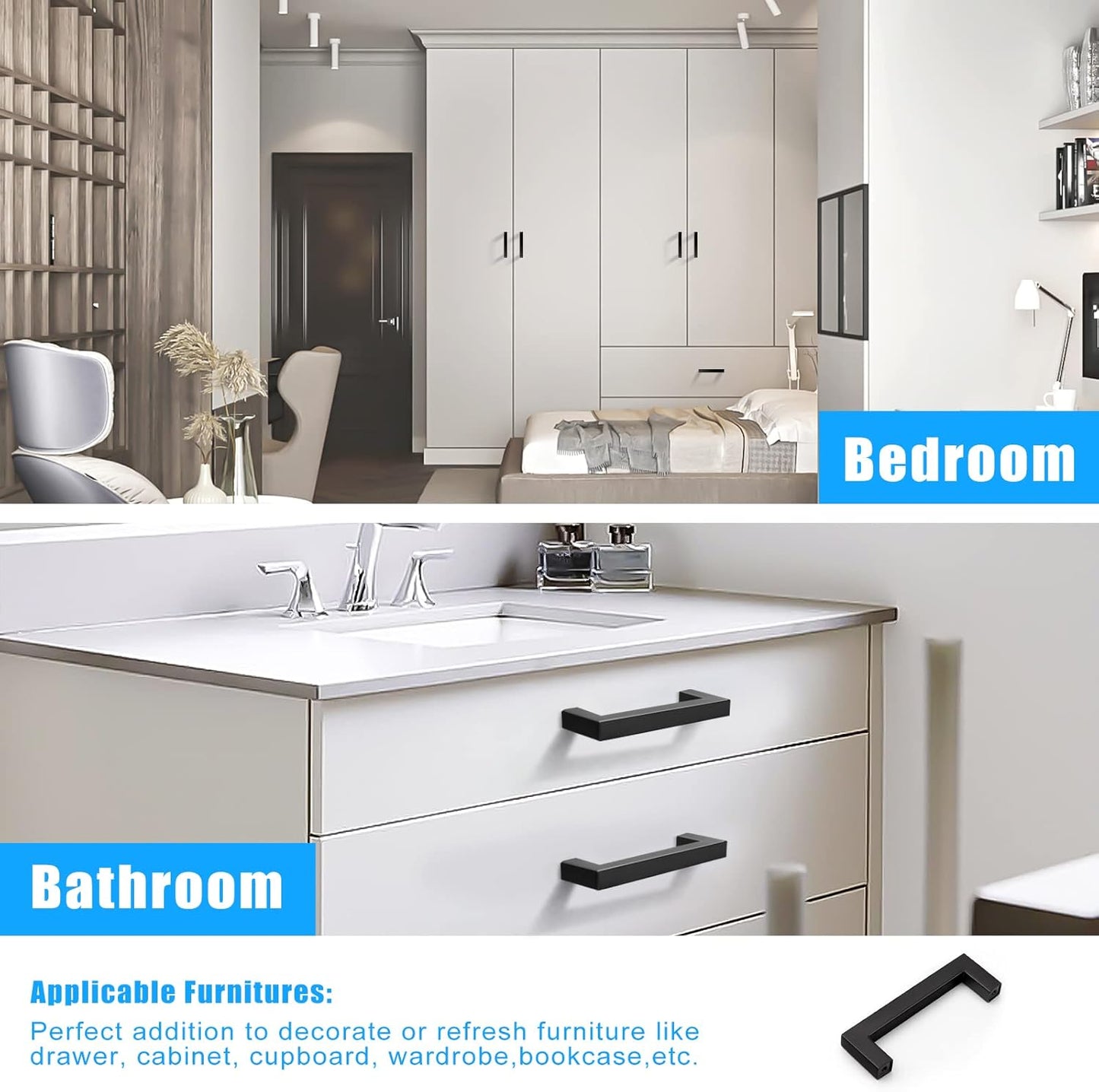 KNOBWELL Matte Black Square Cabinet Pulls Stainless Steel Modern Handles for Kitchen Cupboards/Drawers-PDDJS12HBK