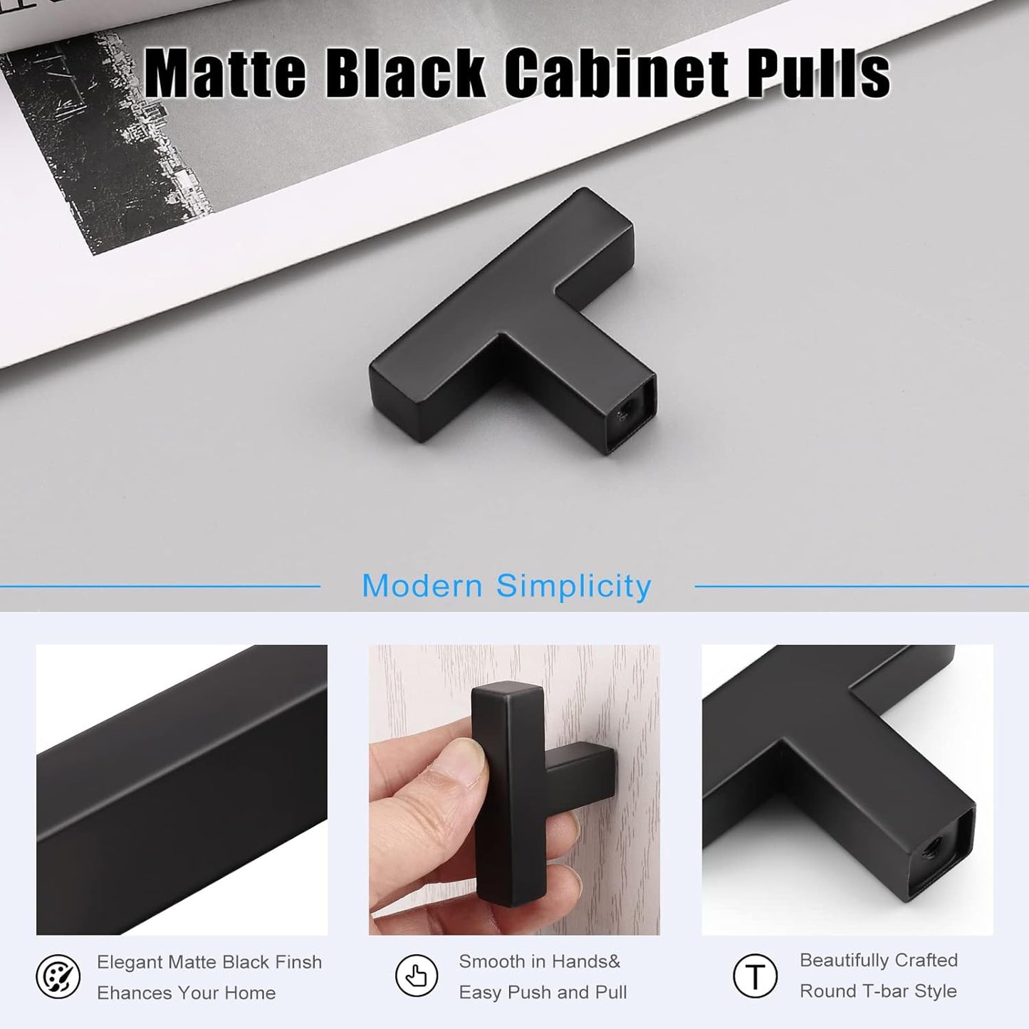 KNOBWELL Matte Black Square Cabinet Pulls Stainless Steel Modern Handles for Kitchen Cupboards/Drawers-PDDJS12HBK