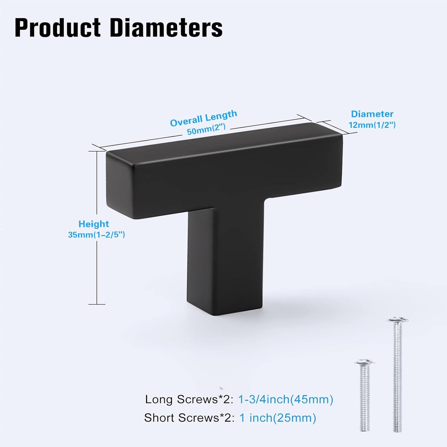 KNOBWELL Matte Black Square Cabinet Pulls Stainless Steel Modern Handles for Kitchen Cupboards/Drawers-PDDJS12HBK