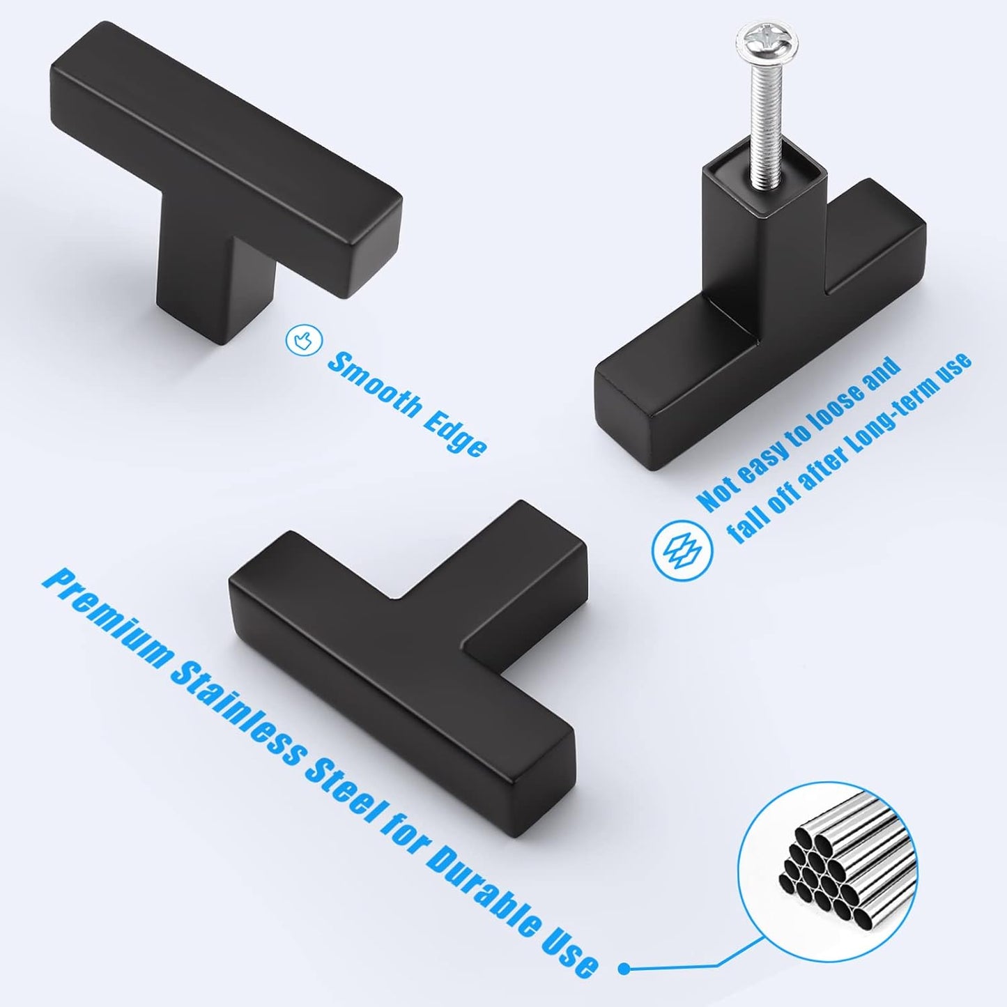 KNOBWELL Matte Black Square Cabinet Pulls Stainless Steel Modern Handles for Kitchen Cupboards/Drawers-PDDJS12HBK