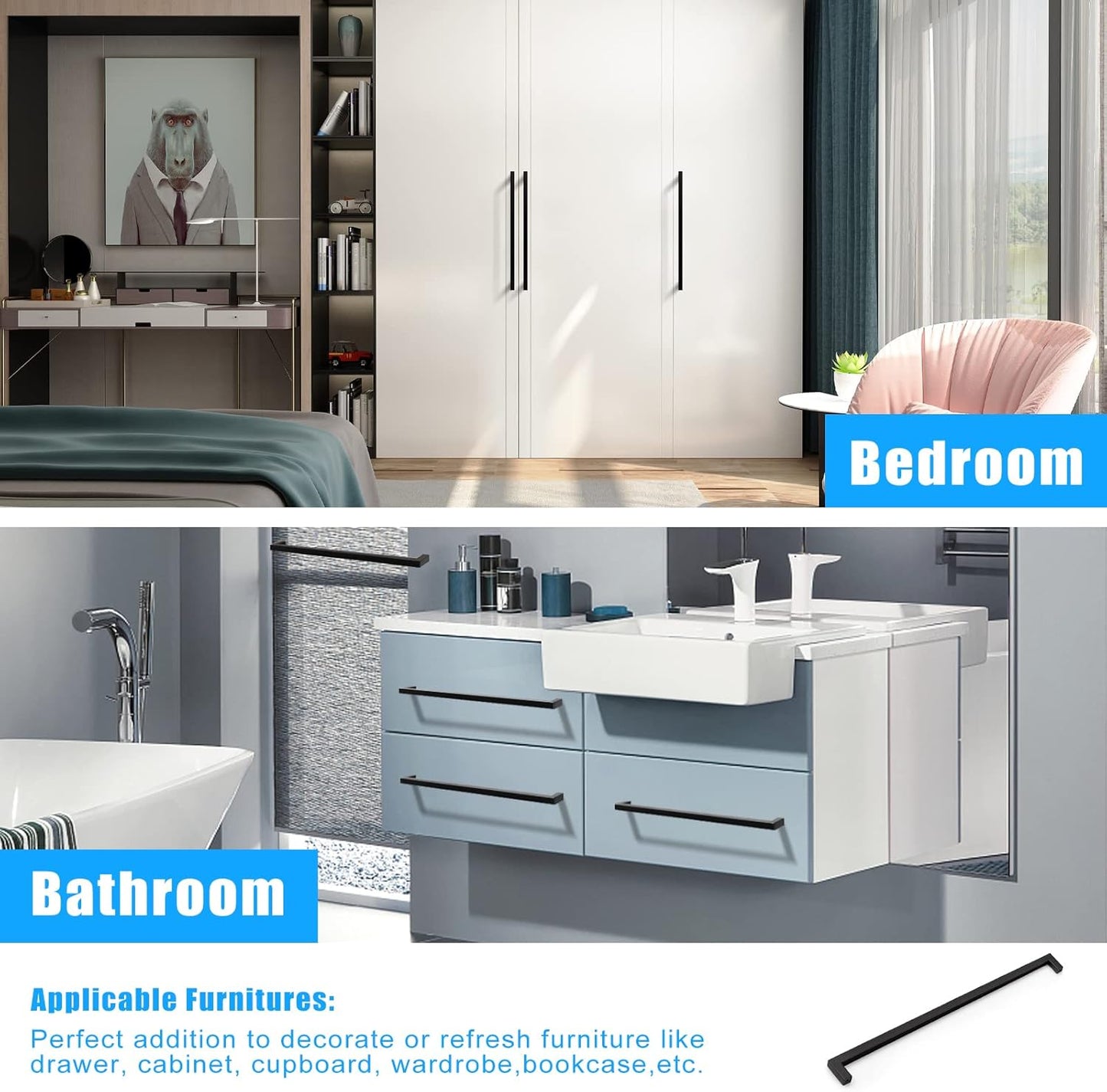 KNOBWELL Matte Black Square Cabinet Pulls Stainless Steel Modern Handles for Kitchen Cupboards/Drawers-PDDJS12HBK