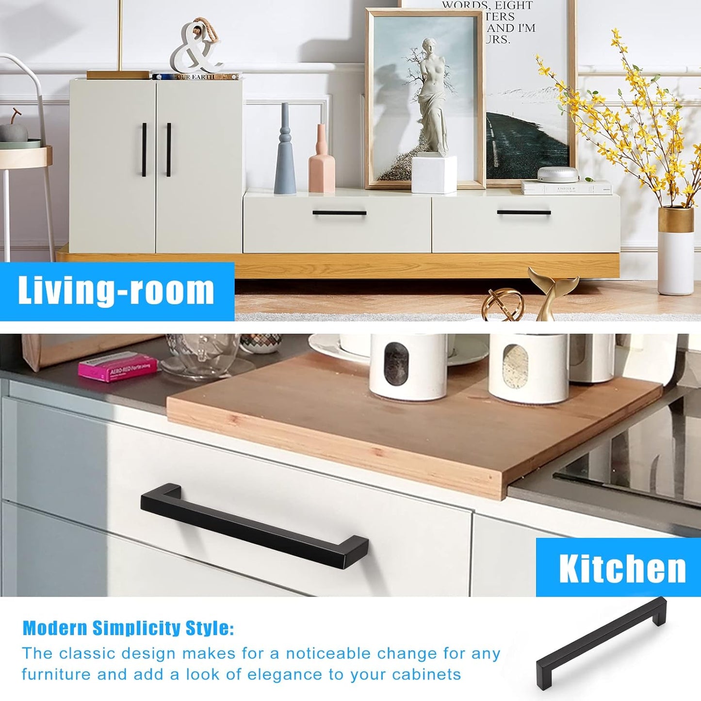 KNOBWELL Matte Black Square Cabinet Pulls Stainless Steel Modern Handles for Kitchen Cupboards/Drawers-PDDJS12HBK