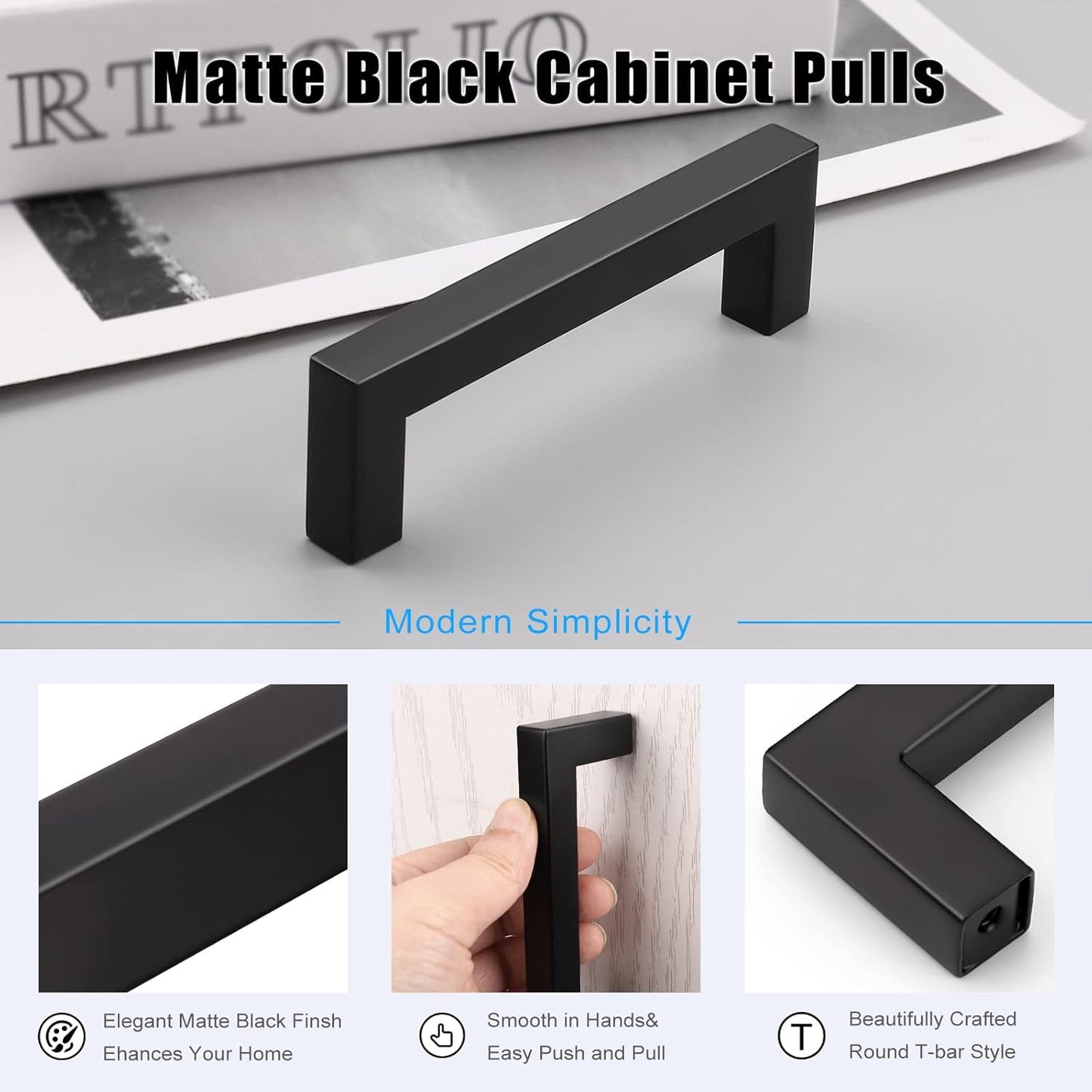 KNOBWELL Matte Black Square Cabinet Pulls Stainless Steel Modern Handles for Kitchen Cupboards/Drawers-PDDJS12HBK