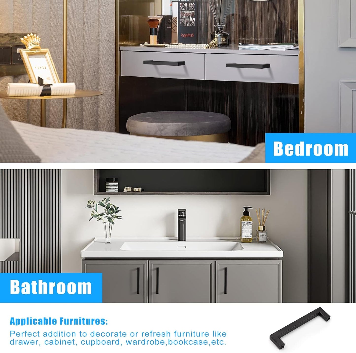 KNOBWELL Matte Black Square Cabinet Pulls Stainless Steel Modern Handles for Kitchen Cupboards/Drawers-PDDJS12HBK