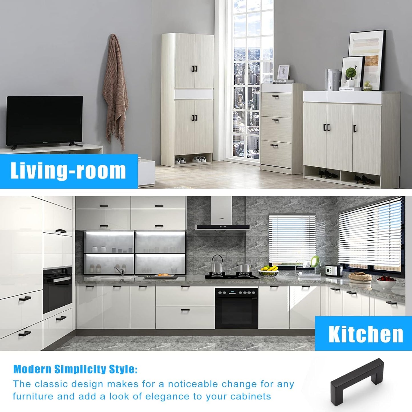 KNOBWELL Matte Black Square Cabinet Pulls Stainless Steel Modern Handles for Kitchen Cupboards/Drawers-PDDJS12HBK