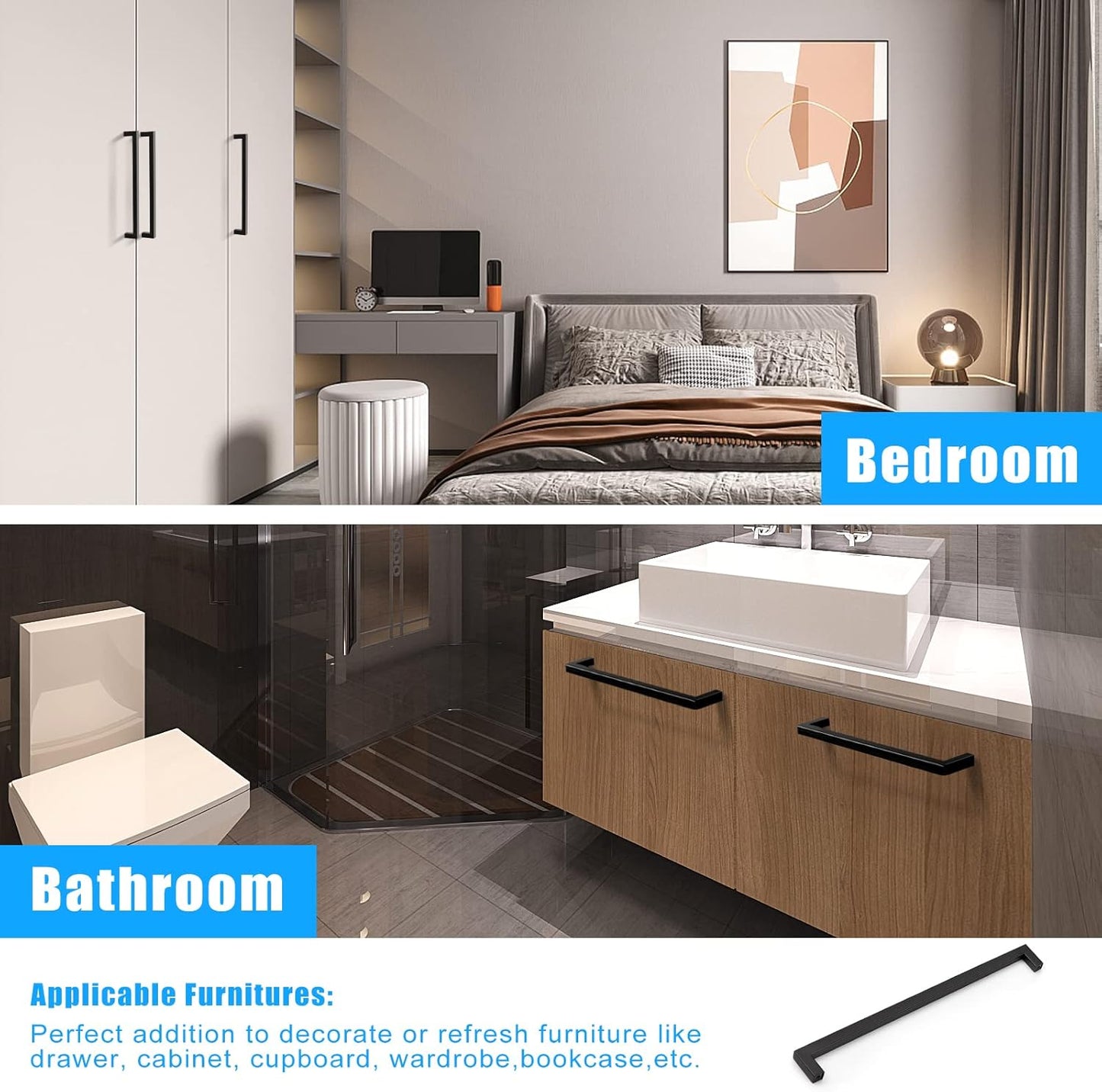 KNOBWELL Matte Black Square Cabinet Pulls Stainless Steel Modern Handles for Kitchen Cupboards/Drawers-PDDJS12HBK