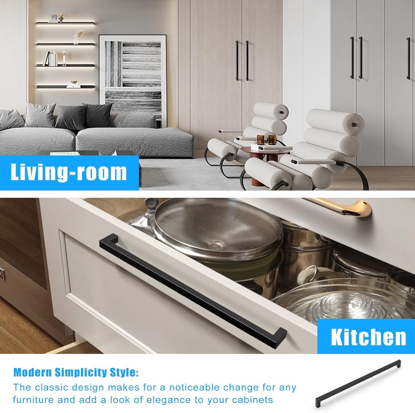 KNOBWELL Matte Black Square Cabinet Pulls Stainless Steel Modern Handles for Kitchen Cupboards/Drawers-PDDJS12HBK