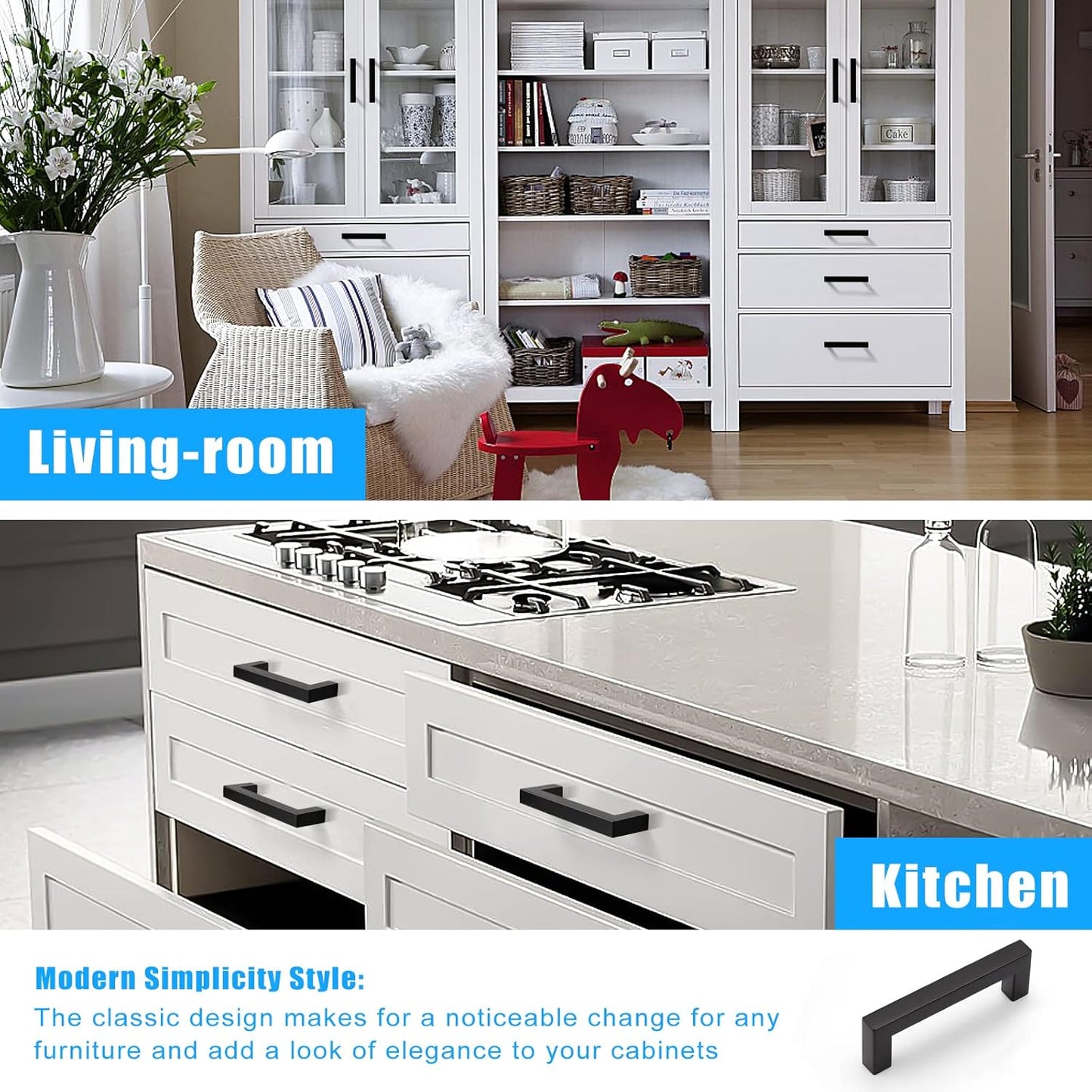 KNOBWELL Matte Black Square Cabinet Pulls Stainless Steel Modern Handles for Kitchen Cupboards/Drawers-PDDJS12HBK