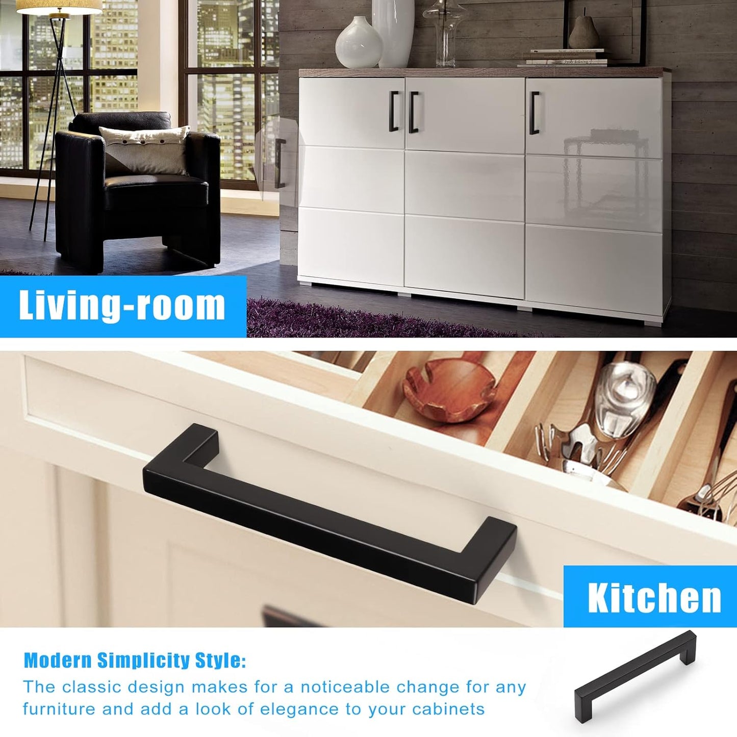 KNOBWELL Matte Black Square Cabinet Pulls Stainless Steel Modern Handles for Kitchen Cupboards/Drawers-PDDJS12HBK