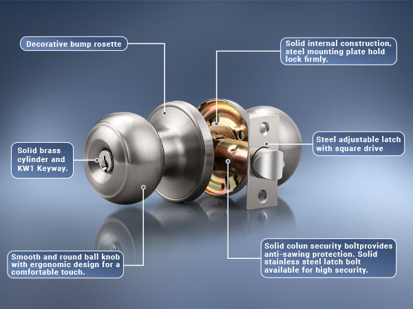 details of KNOBWELL nickel Keyed Interior Door Knob For Front Doors with Lock and Key