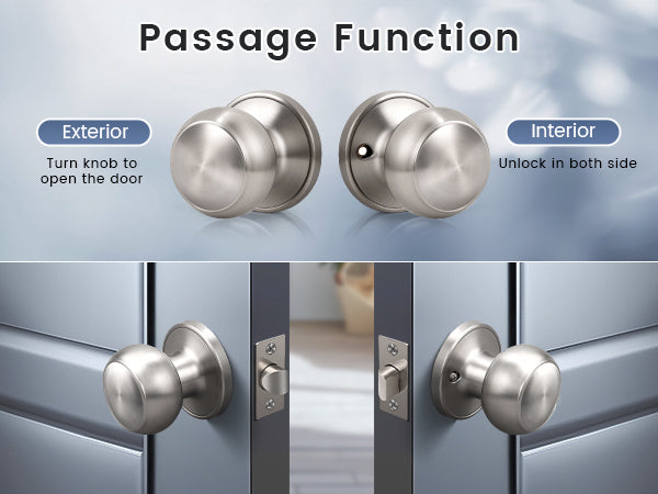 front and back view of KNOBWELL Flat Ball nickel Passage Door Knobs With Non Locking