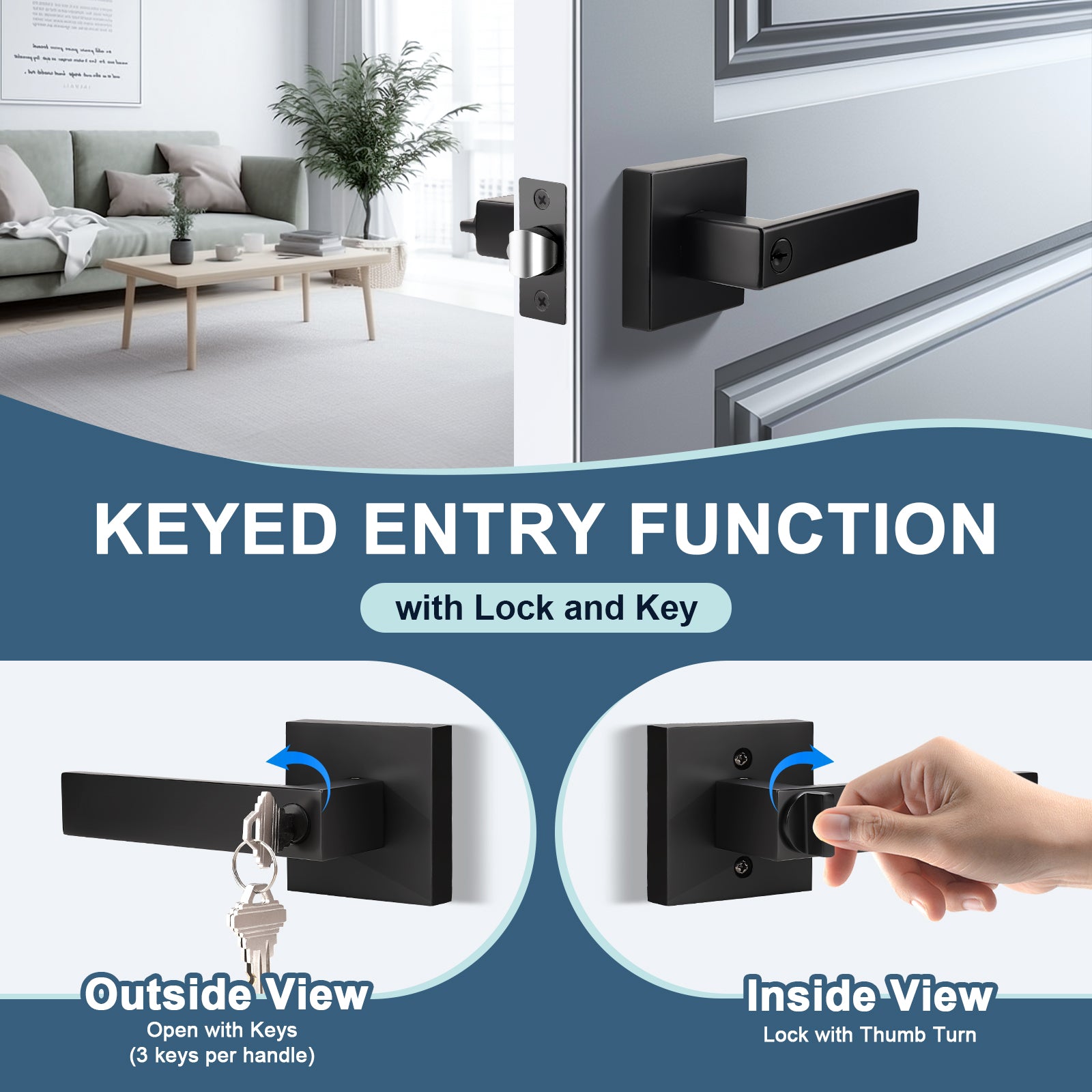Front and back view of KNOBWELL Modern Keyed Entry Door Handle With Lock and Different Keys