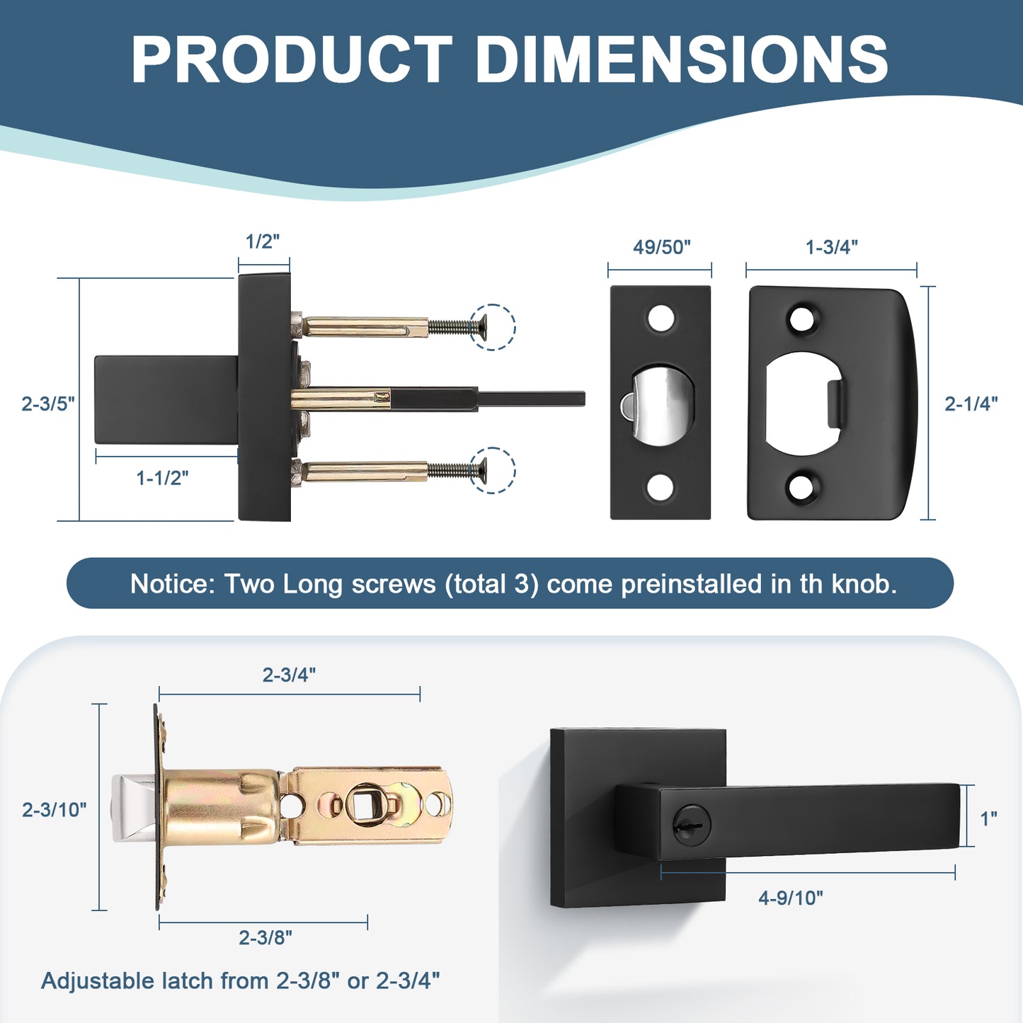 Size dimensions of KNOBWELL Modern Keyed Entry Door Handle With Lock and Different Keys