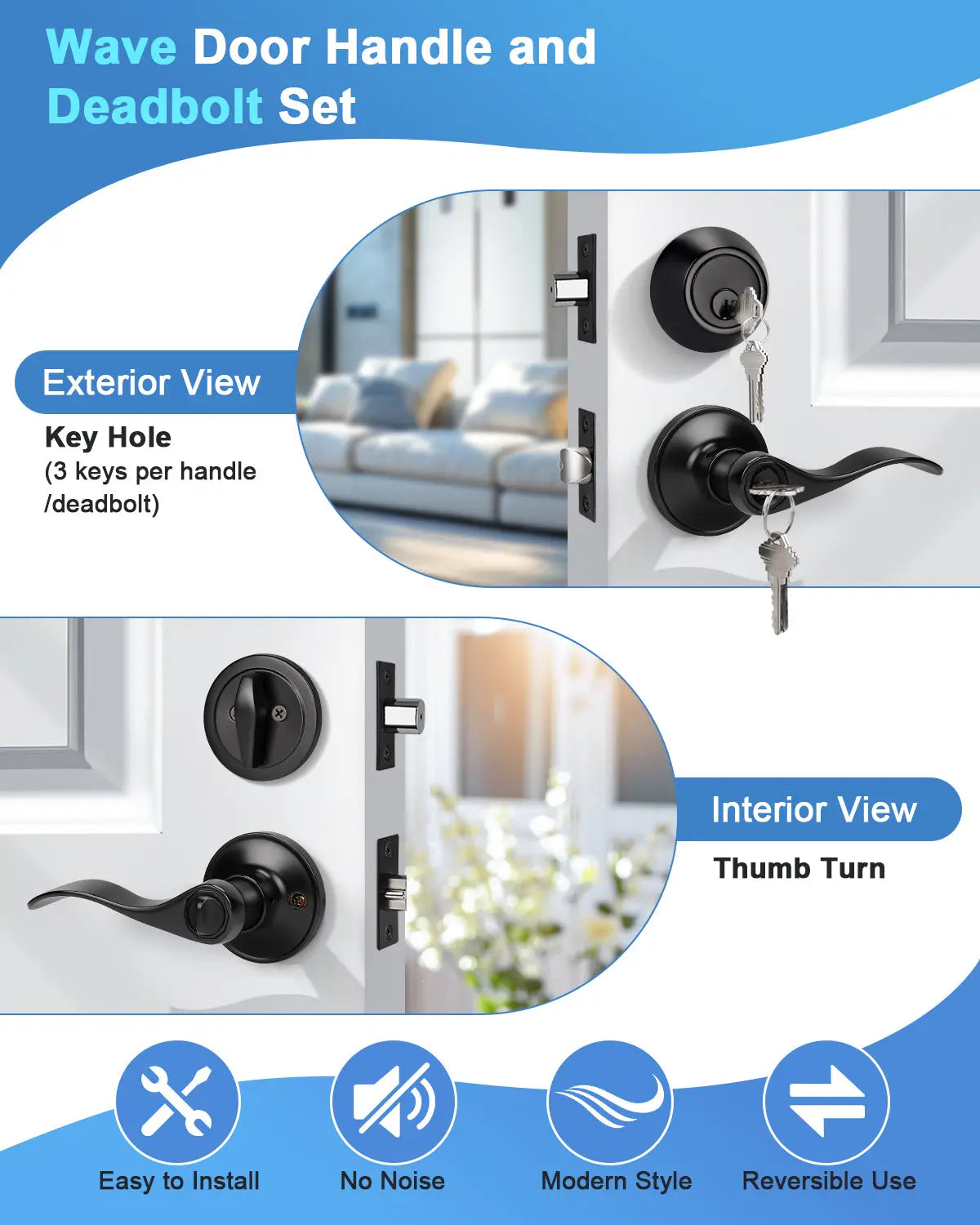 Front and back view of KNOBWELL Colonial Black Keyed Entry Lever Set with Single Cylinder Deadbolt