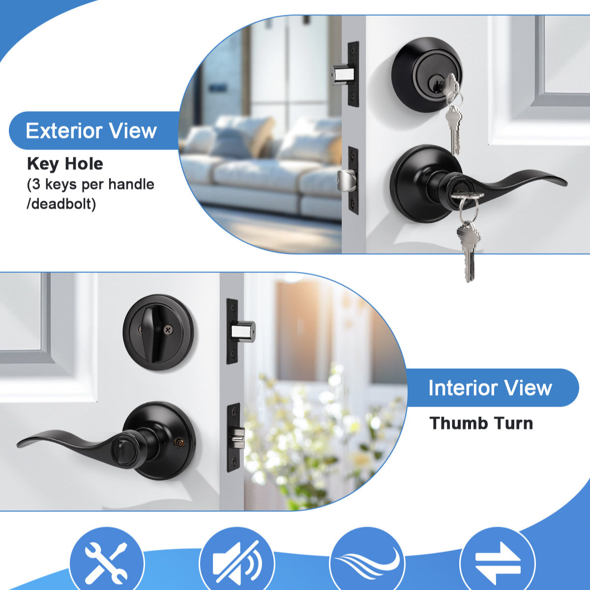 Front and back view of KNOBWELL Colonial Black Keyed Entry Lever Set with Single Cylinder Deadbolt