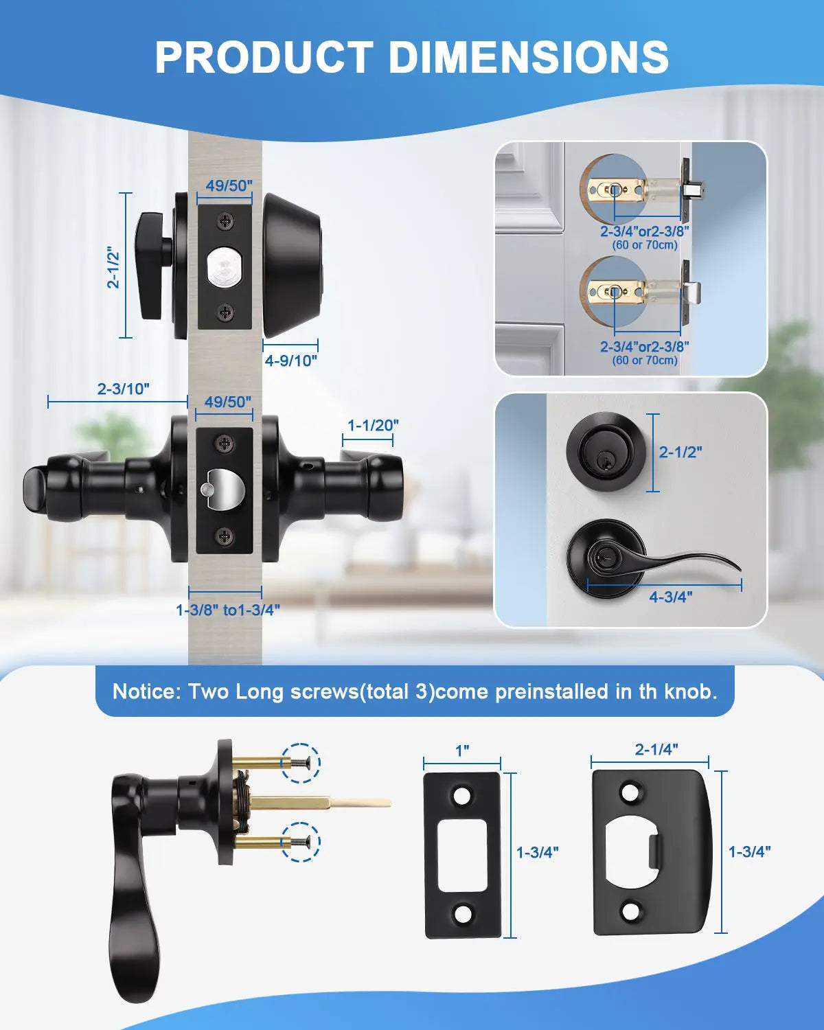Dimension size of KNOBWELL Colonial Black Keyed Entry Lever Set with Single Cylinder Deadbolt
