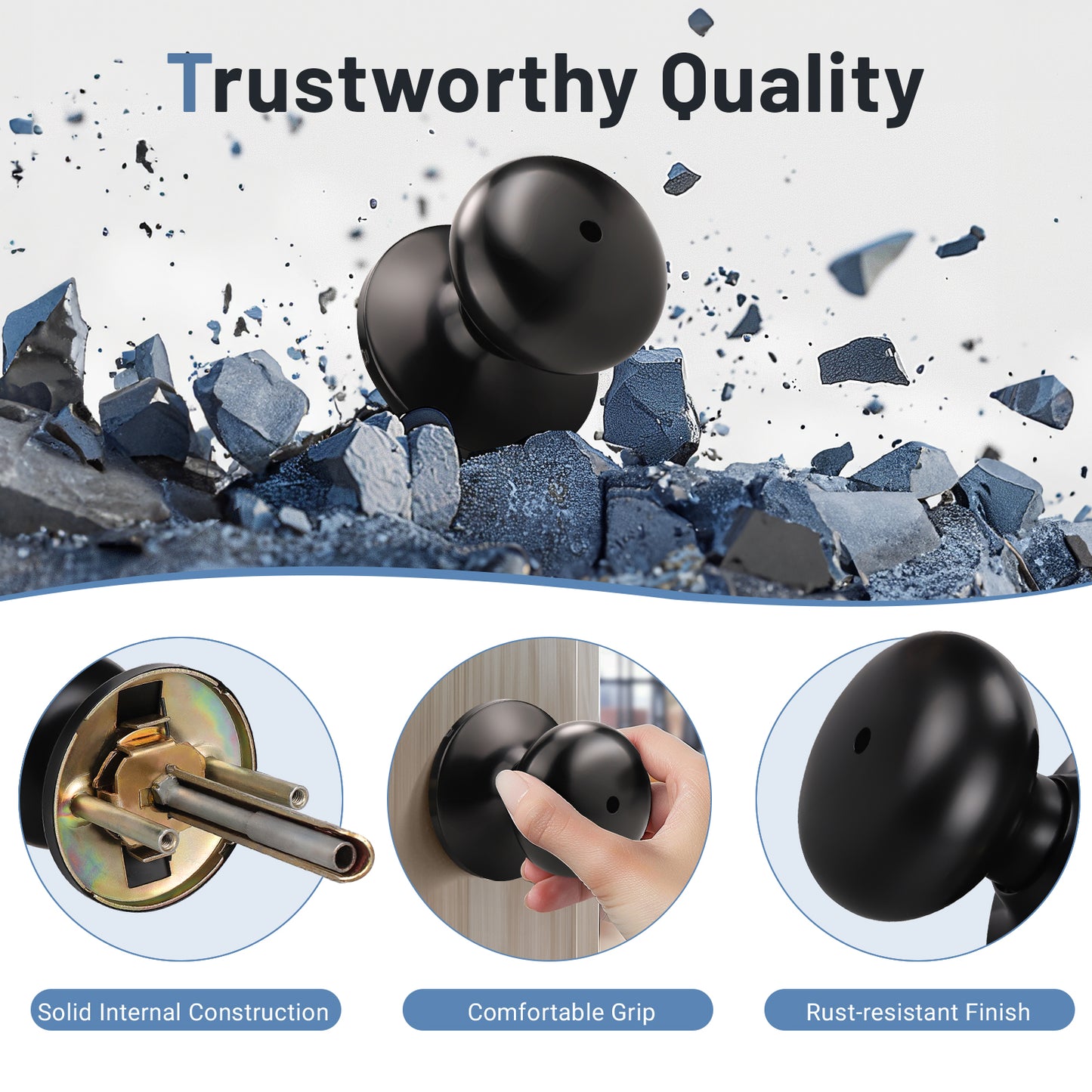 KNOBWELL Black Modern Round Interior Door Knobs-All Function
