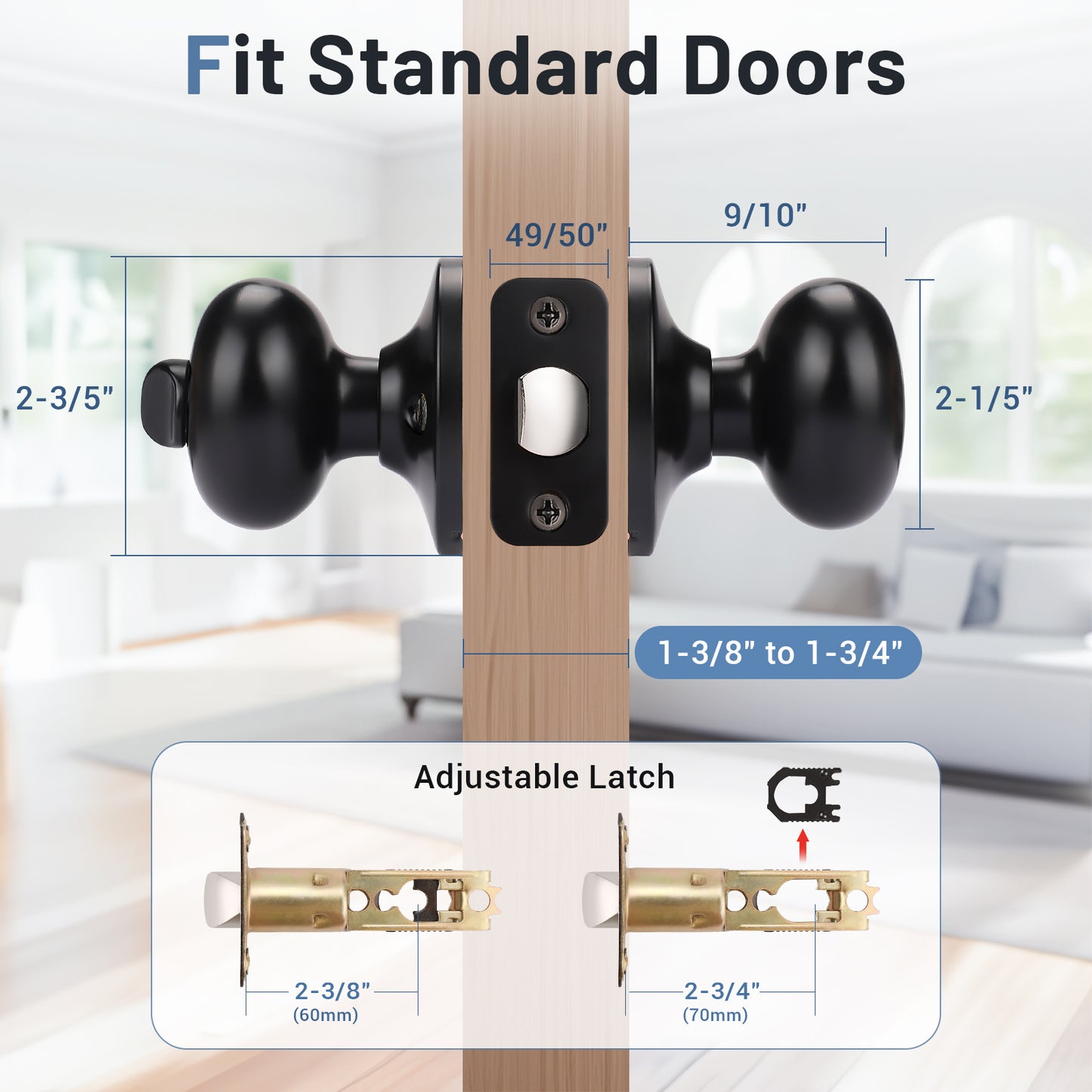 Size dimensions of KNOBWELL Black Modern Round Interior Door Knobs