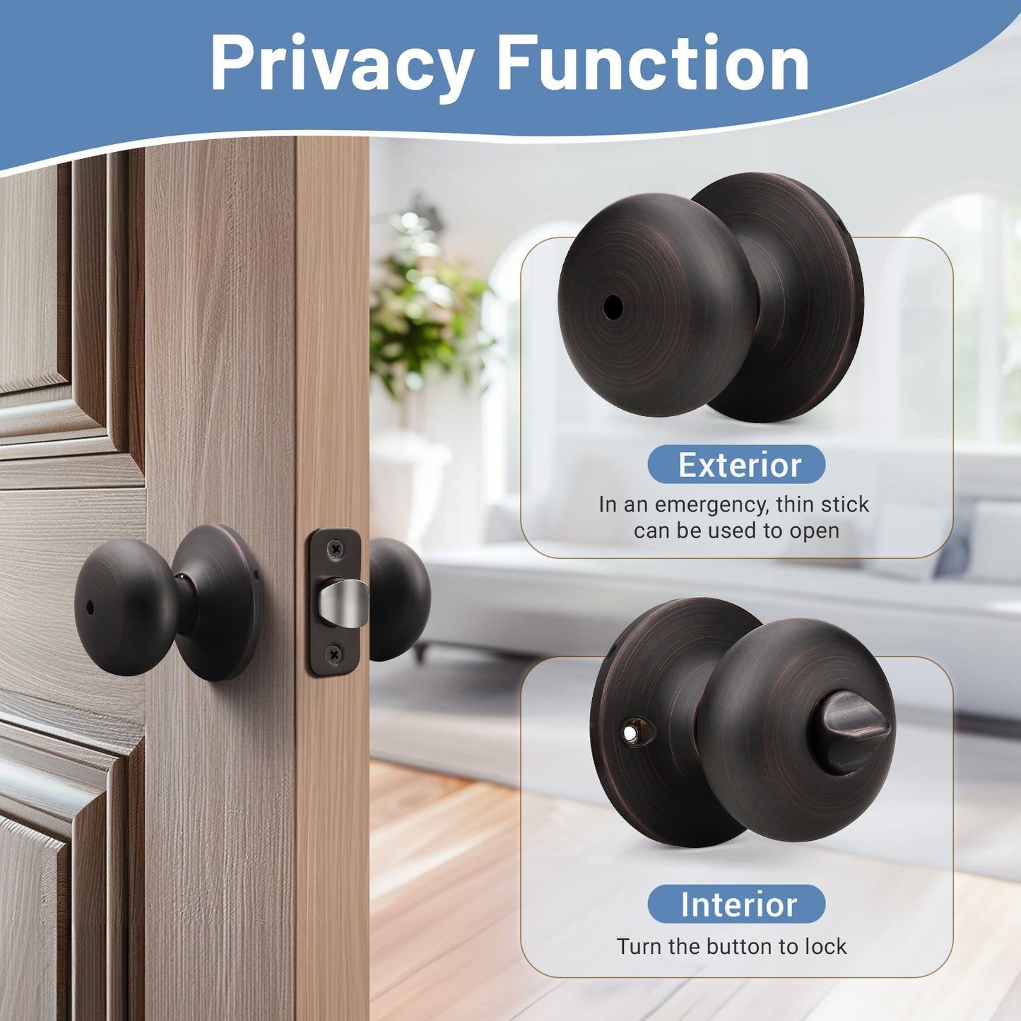 Front and back view of KNOBWELL Black Modern Privacy Round Interior Door Knobs