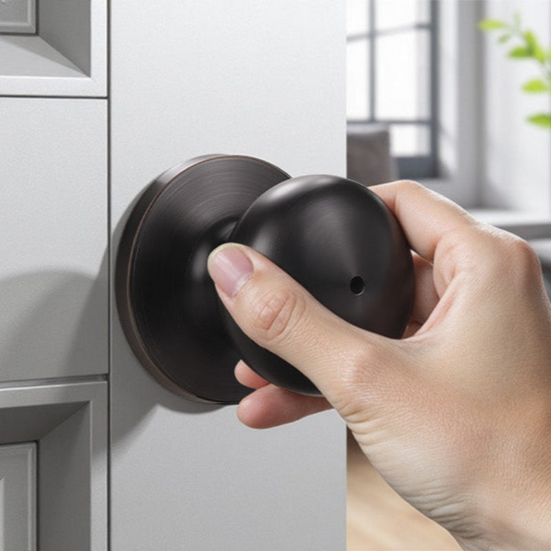 Hand holding KNOBWELL Contemporary Bronze Privacy Interior Door Locks Without Keys
