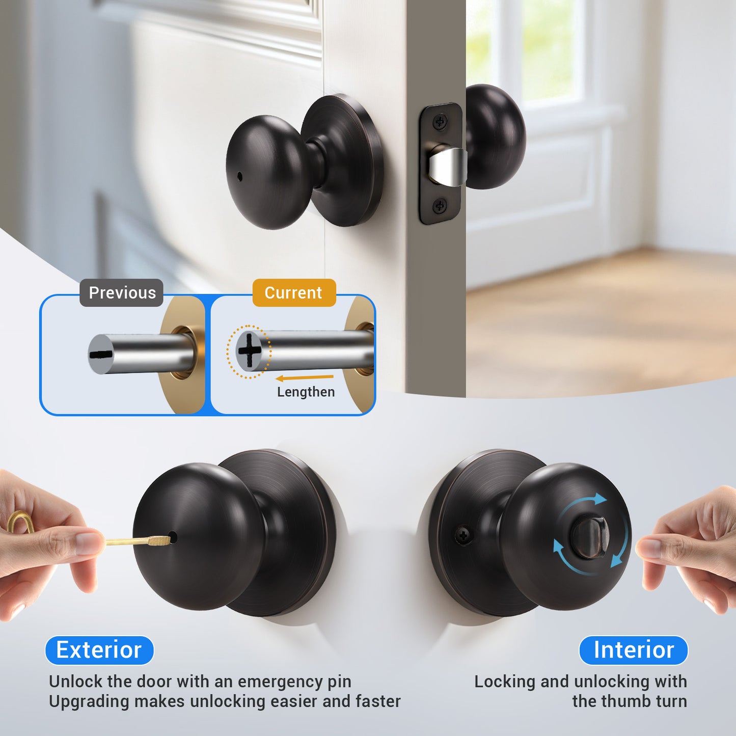 Front and back view of KNOBWELL Contemporary Bronze Privacy Interior Door Locks Without Keys