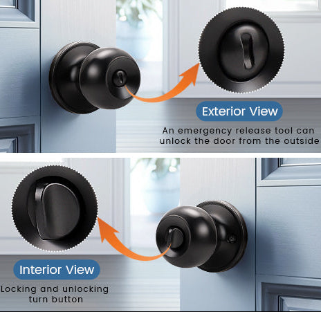 Front and Back View of KNOBWELL Round Ball Black Bedroom&Bathroom Door Knobs With Privacy Lock