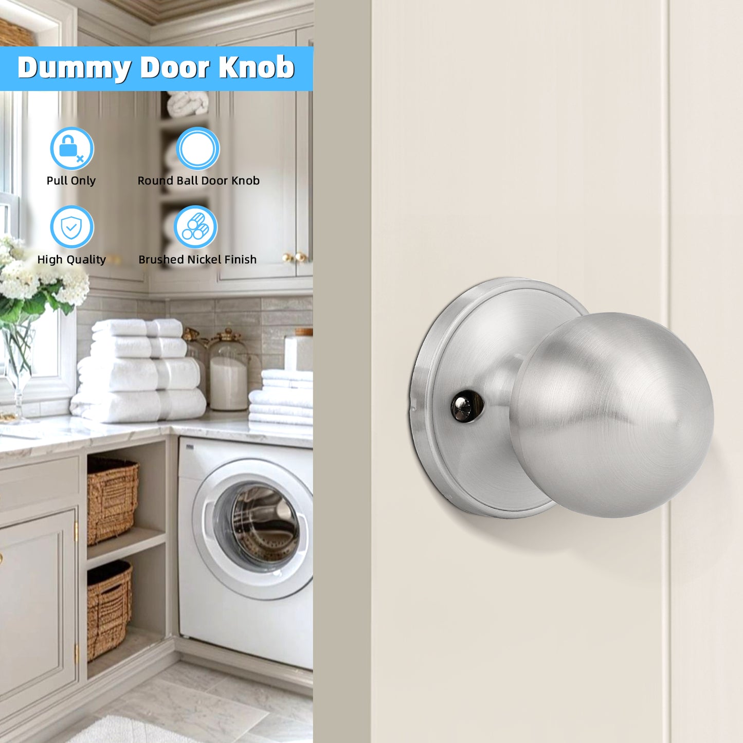 Interior door with KNOBWELL Nickel Round Ball Single Dummy Door Knob for Decorative Interior Doors