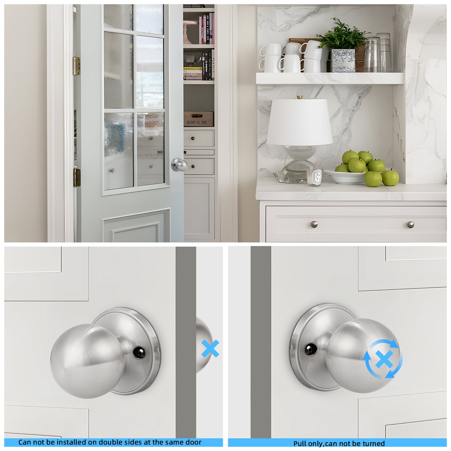 Front and back view of KNOBWELL Nickel Round Ball Single Dummy Door Knob for Decorative Interior Doors