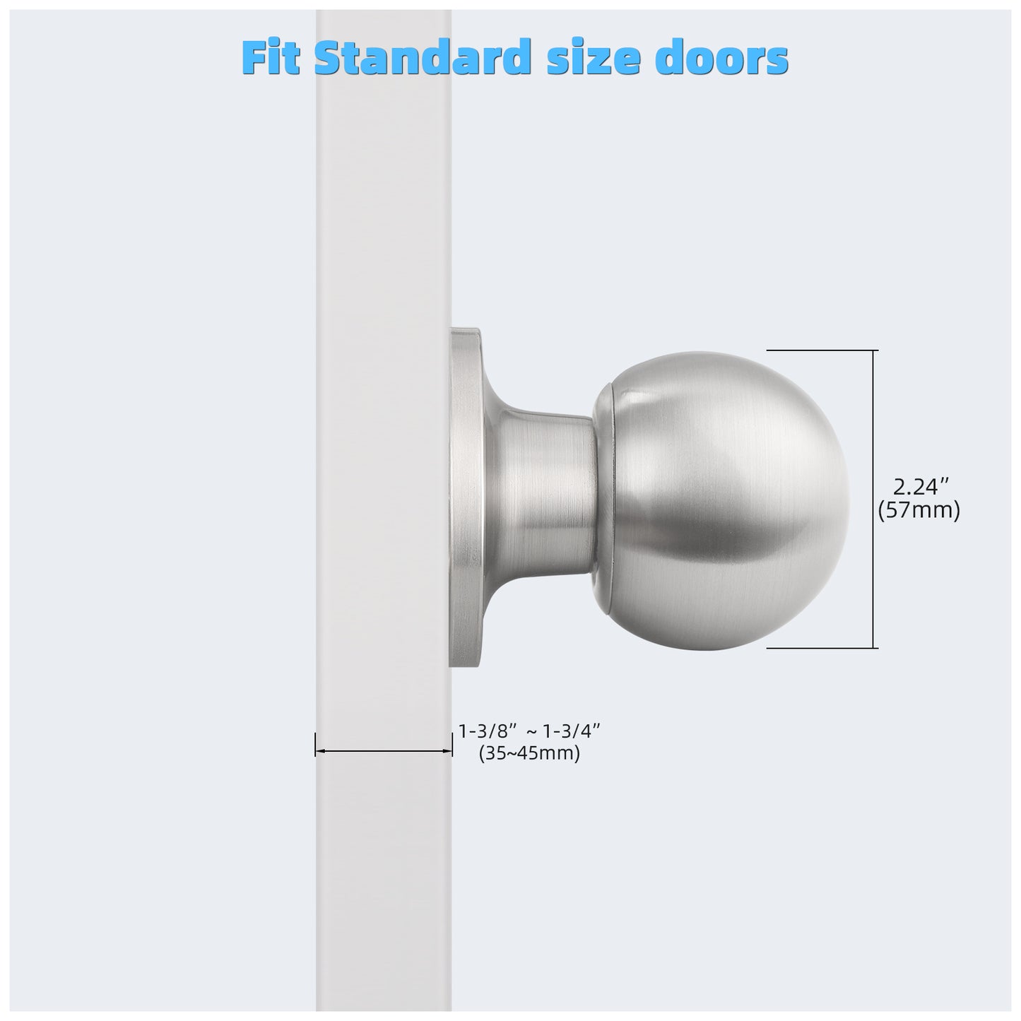 Size dimensions of KNOBWELL Nickel Round Ball Single Dummy Door Knob for Decorative Interior Doors