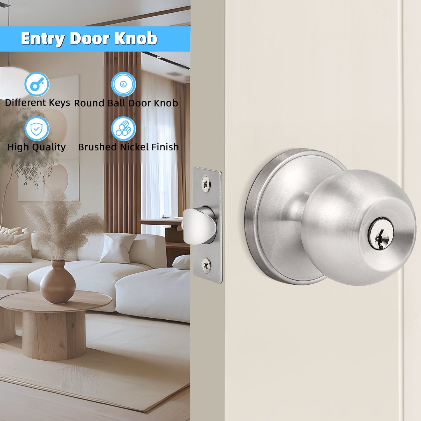 KNOBWELL Nickel Modern Exterior Door Knob With Lock and Different Keys