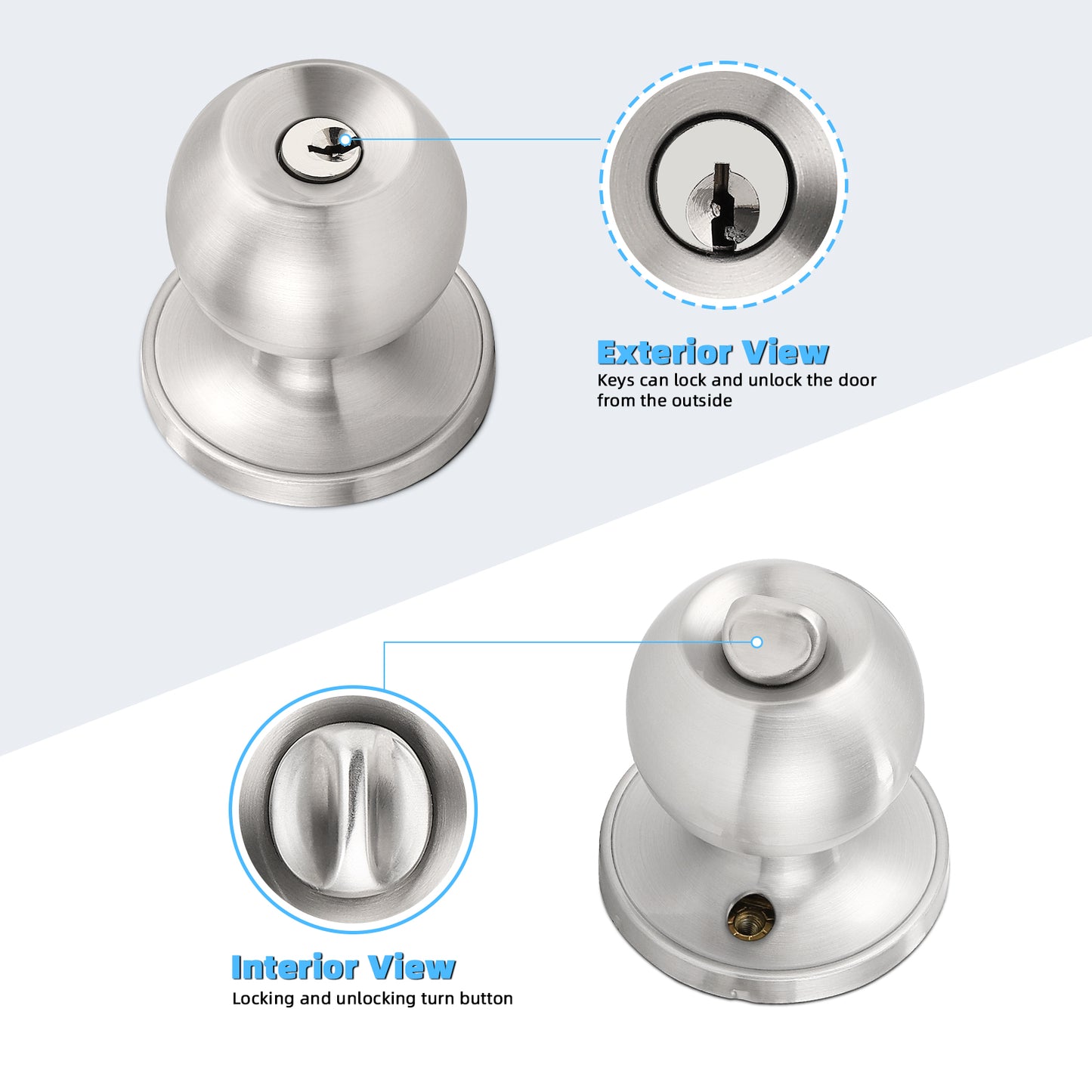 Front and back view of KNOBWELL Round Ball Nickel Keyed Alike Multiple Door Locks With Same Key For Front Door