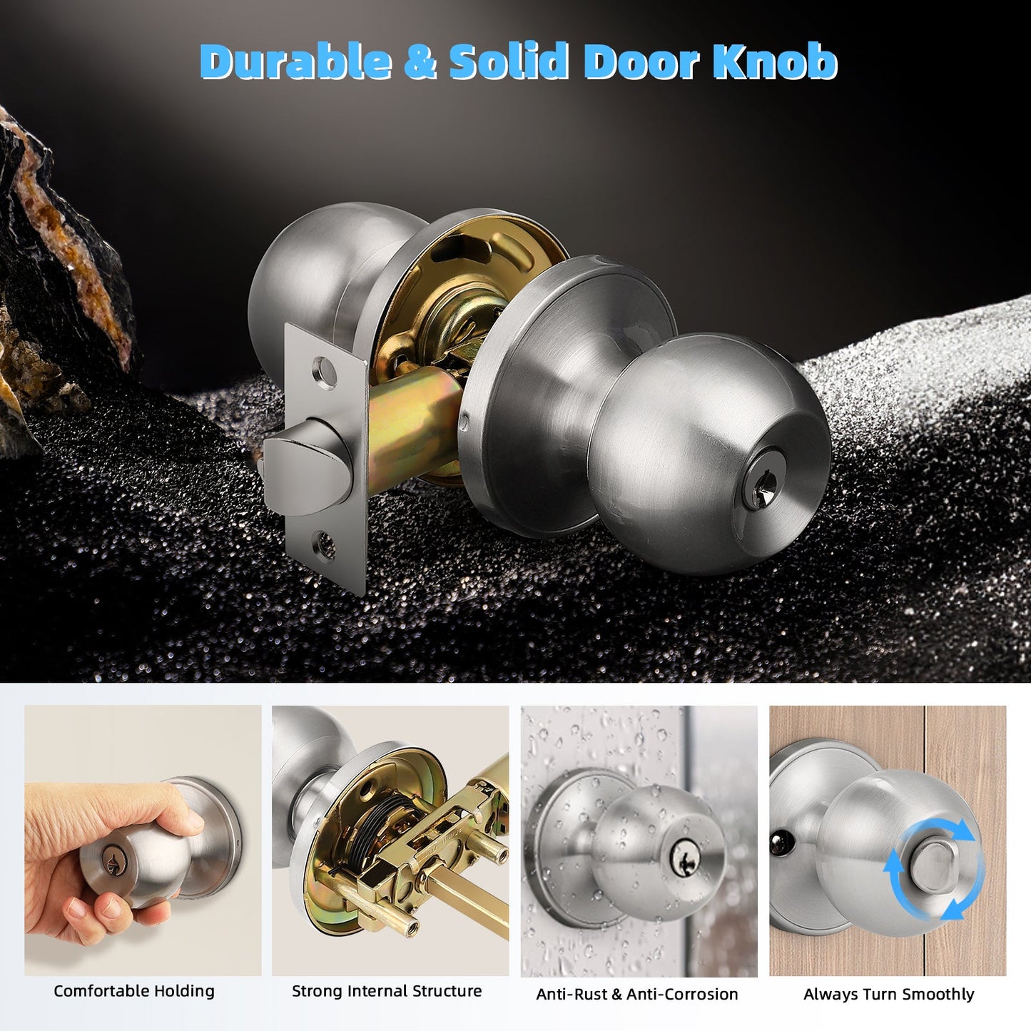 Close-up of KNOBWELL Nickel Modern Exterior Door Knob With Lock and Different Keys