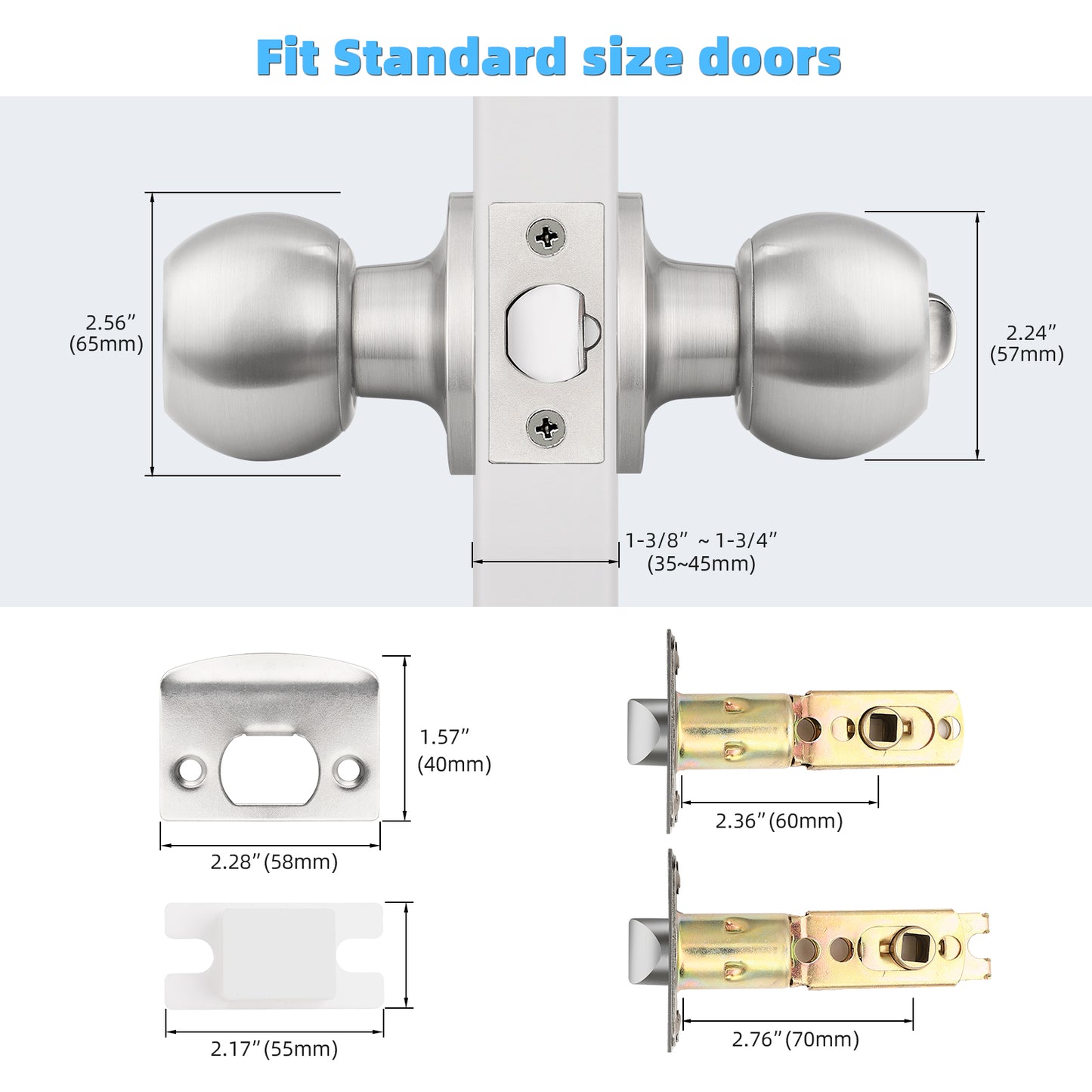 Size dimensions of KNOBWELL Round Ball Nickel Keyed Alike Multiple Door Locks With Same Key For Front Door