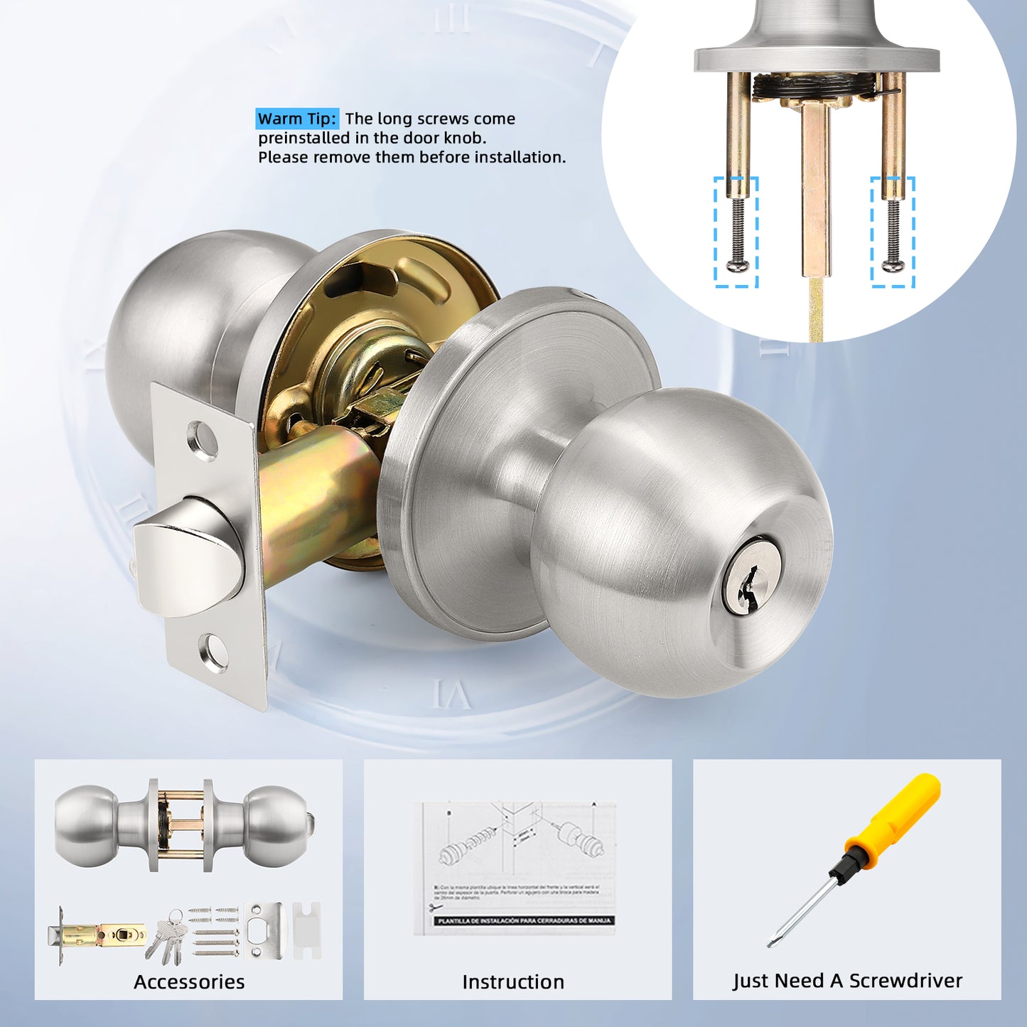 KNOBWELL Round Ball Nickel Keyed Alike Multiple Door Locks With Same Key For Front Door Components