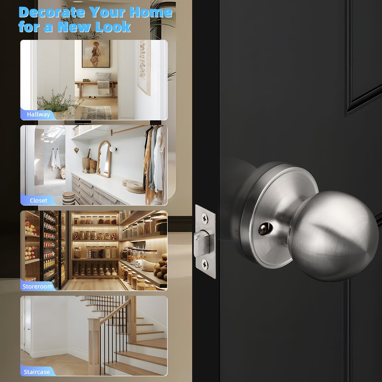 Front View of KNOBWELL Round Ball Nickel Passage Door Knobs For Interior