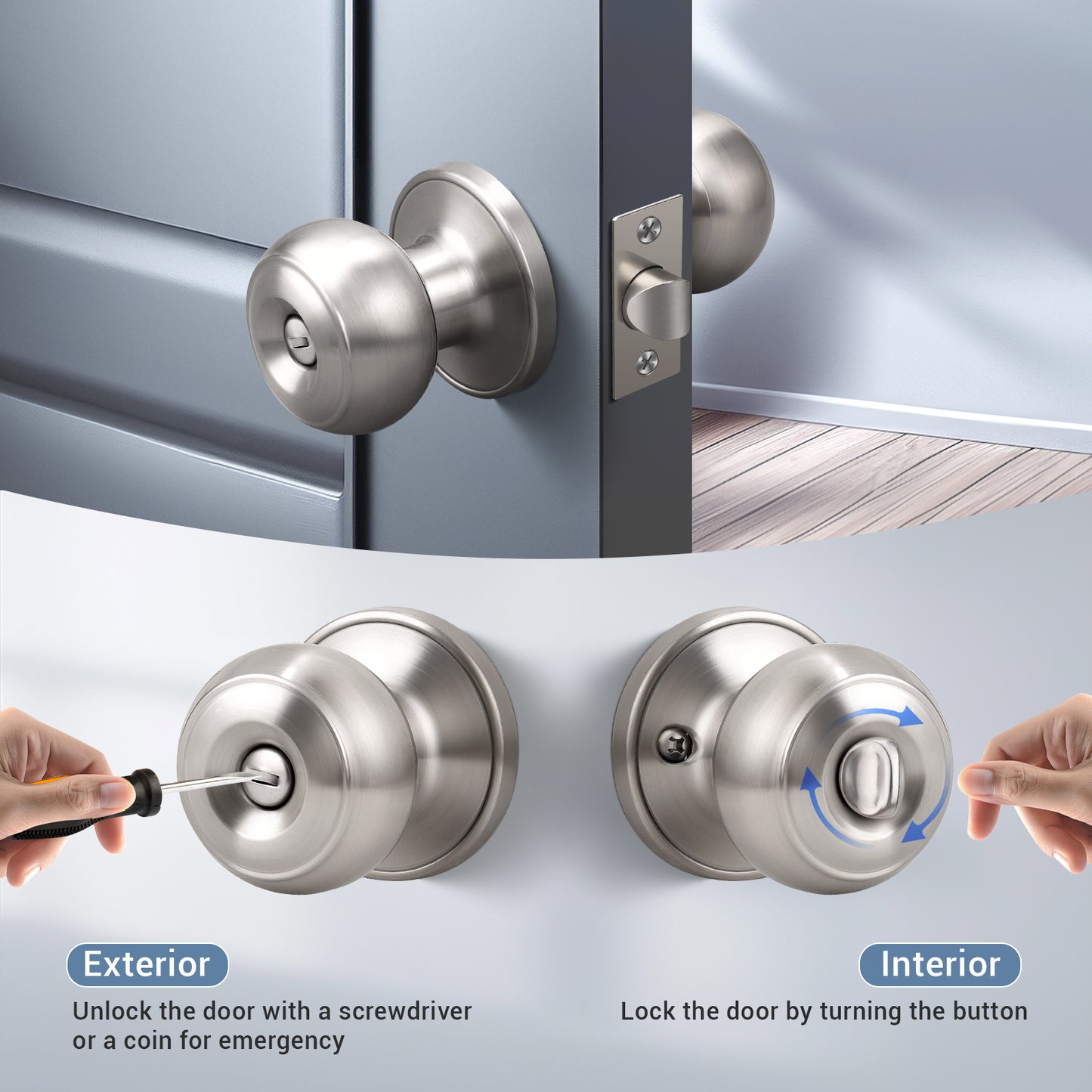 Front and Back View of KNOBWELL Affordable Privacy Stainless Steel Door Knobs