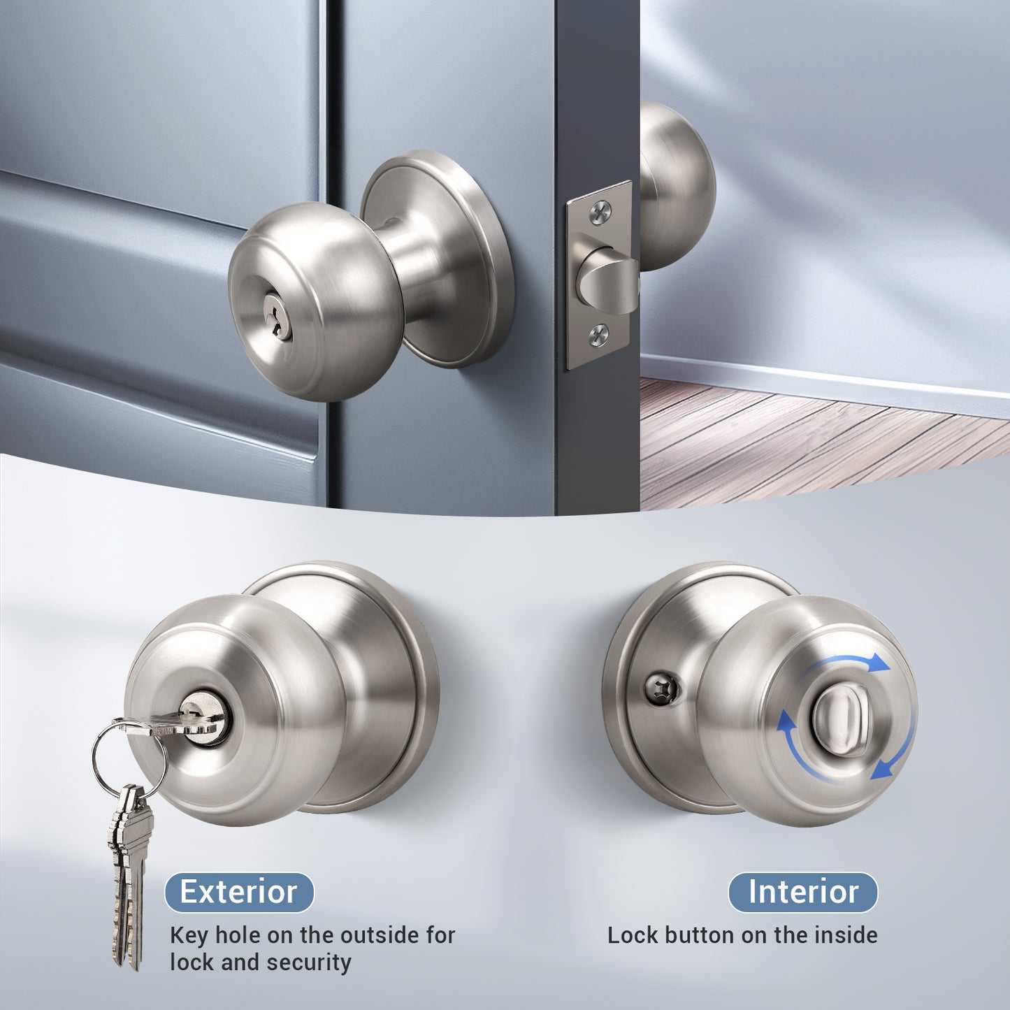 Interior and exterior function of KNOBWELL Affordable keyed entry Stainless Steel Door Knobs