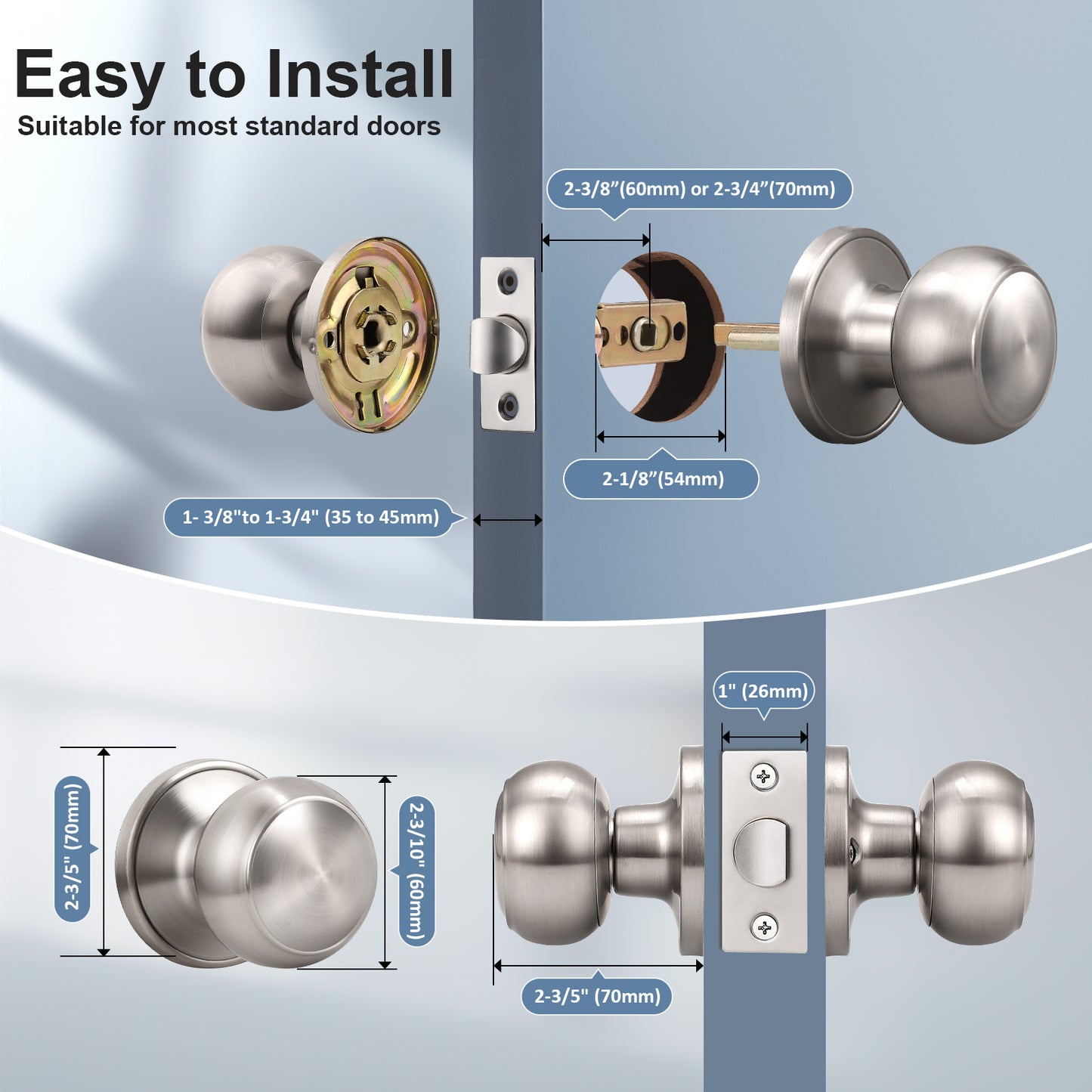 Size dimensions of KNOBWELL Affordable Privacy Stainless Steel Door Knobs