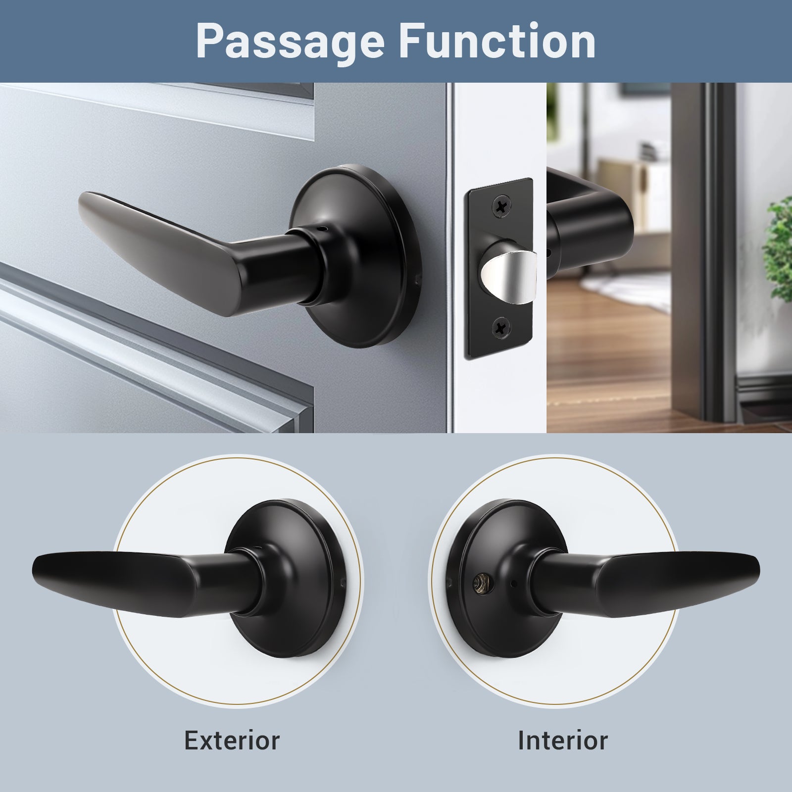 front and back view of KNOBWELL Minimalist Black Passage Door Handles & Lockset With Non Locking