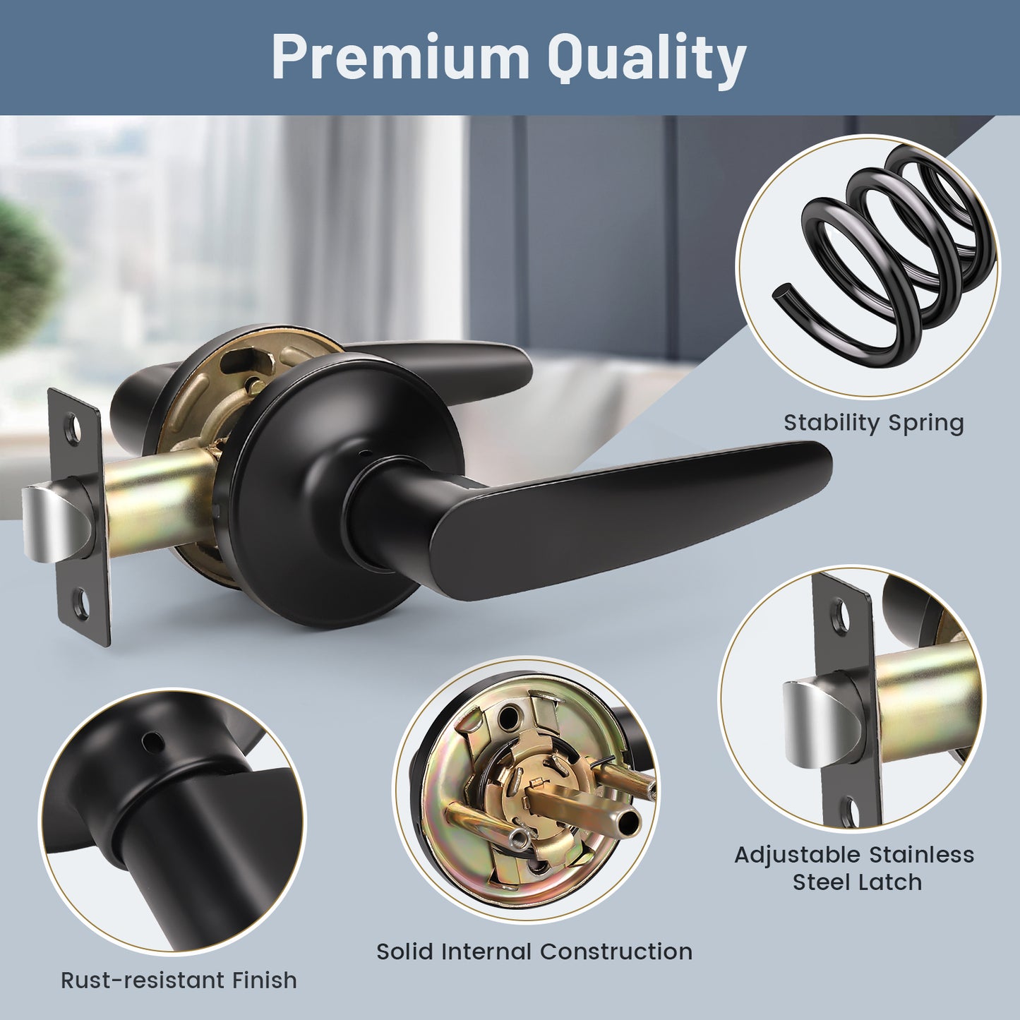 Close-up of KNOBWELL Minimalist Black Passage Door Handles & Lockset With Non Locking
