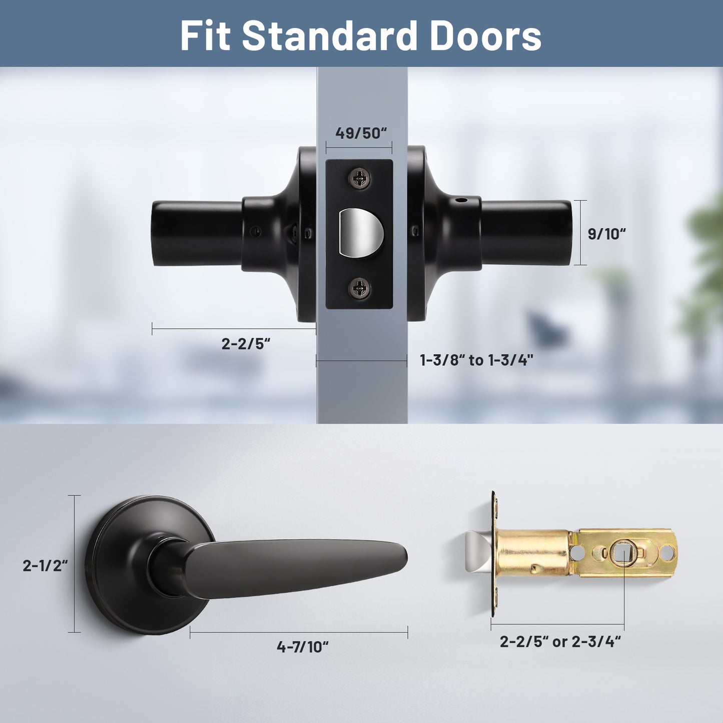 Size dimensions of KNOBWELL Minimalist Black Passage Door Handles & Lockset With Non Locking