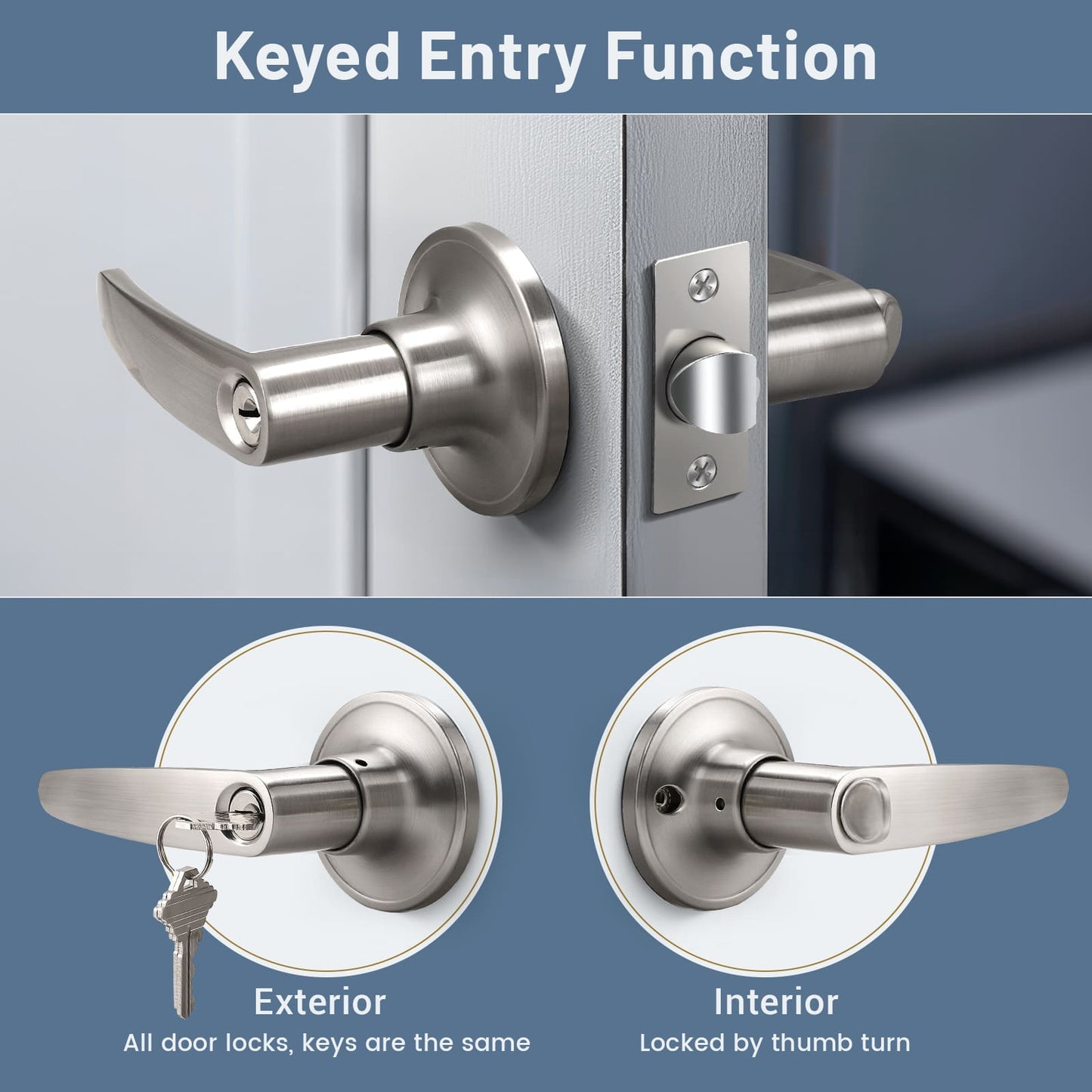 Front and Back View of KNOBWELL Minimalist Brushed Nickel Keyed Entry Door Handles
