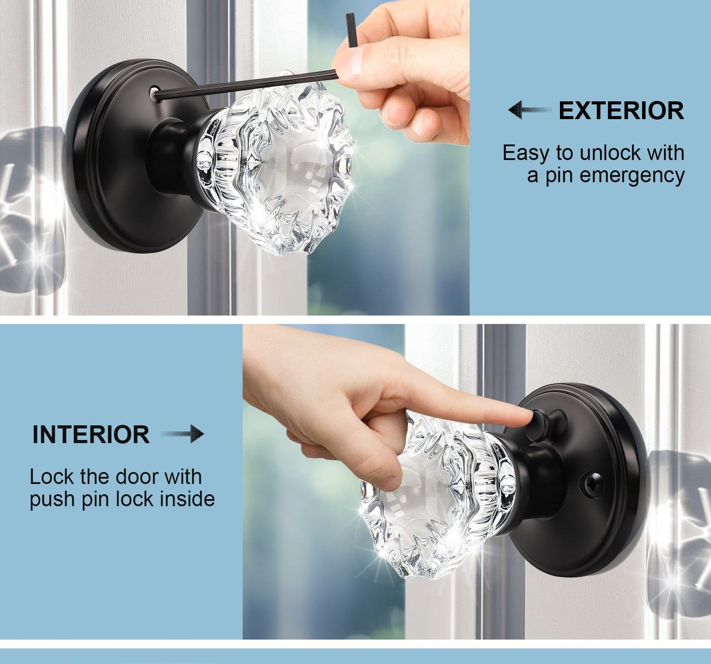Front and back view of Knobwell black privacy vintage glass door knobs