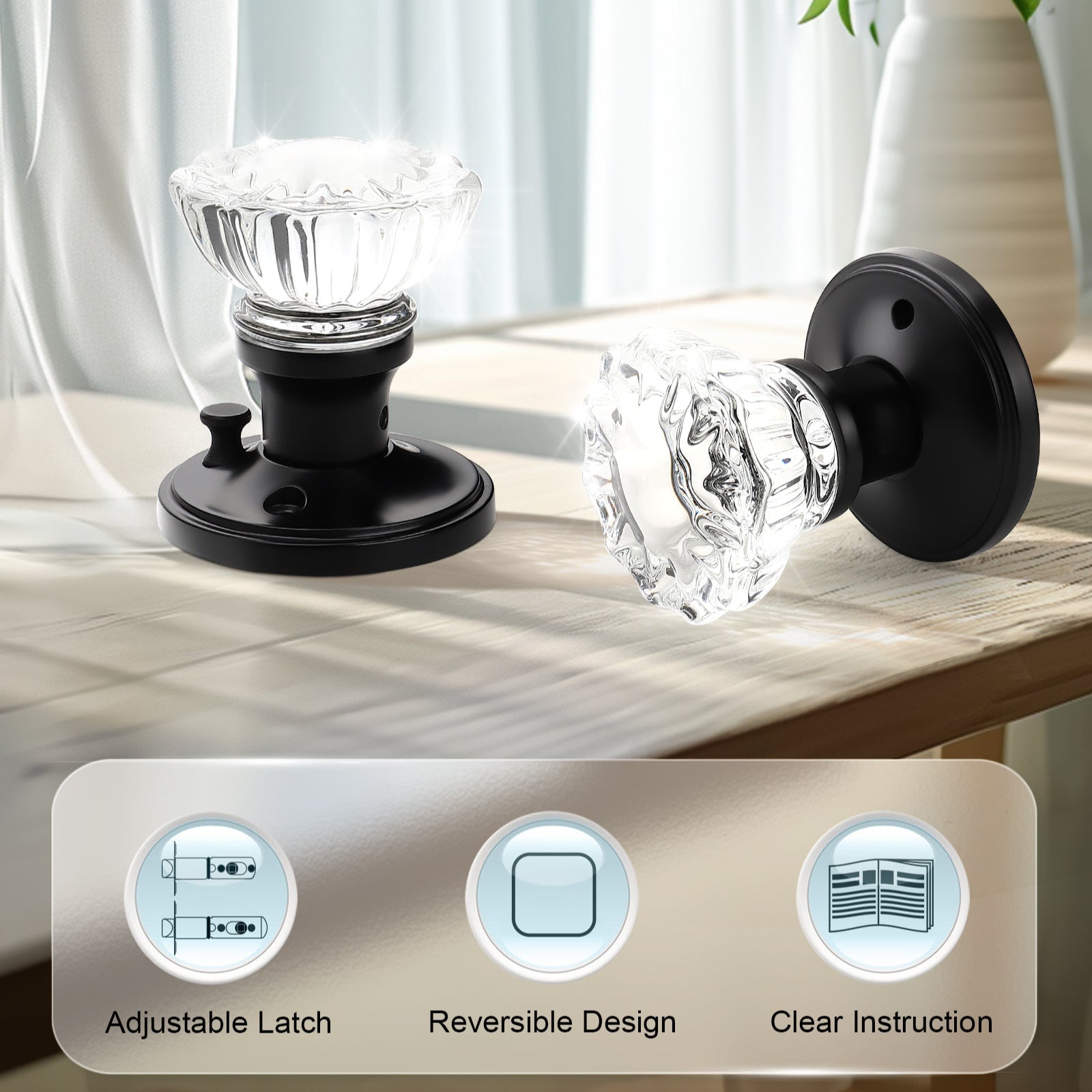 Knobwell black privacy vintage glass door knobs with reversible design